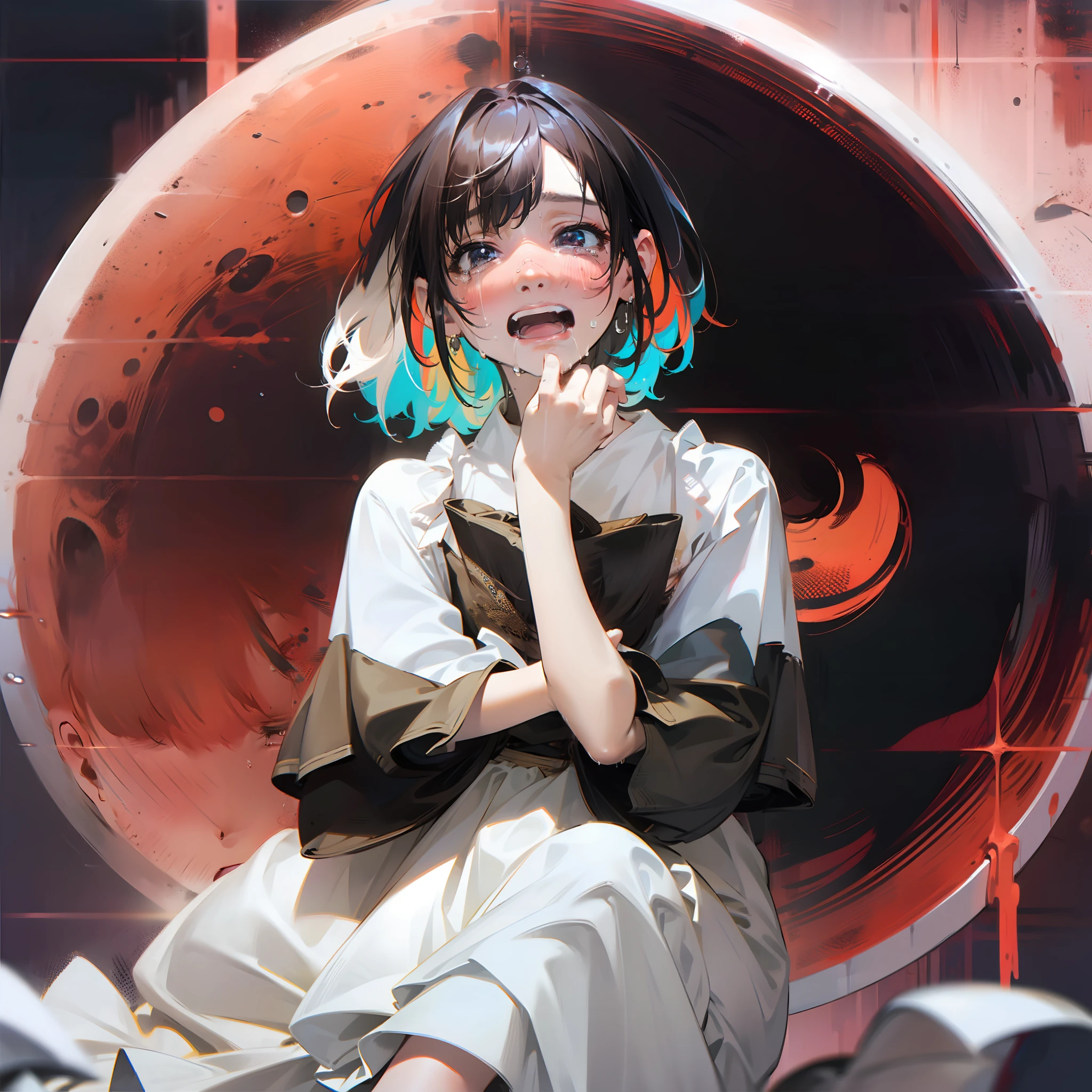 (masterpiece)+(best quality)+(ultra-detailed)+(1girl)+(crying heavily)+(large teardrops)+(vibrant colors)+(dramatic lighting)+(soft focus)+(close-up shot)+(wet hair)+(tear-streaked face)+(emotional expression:1.3)