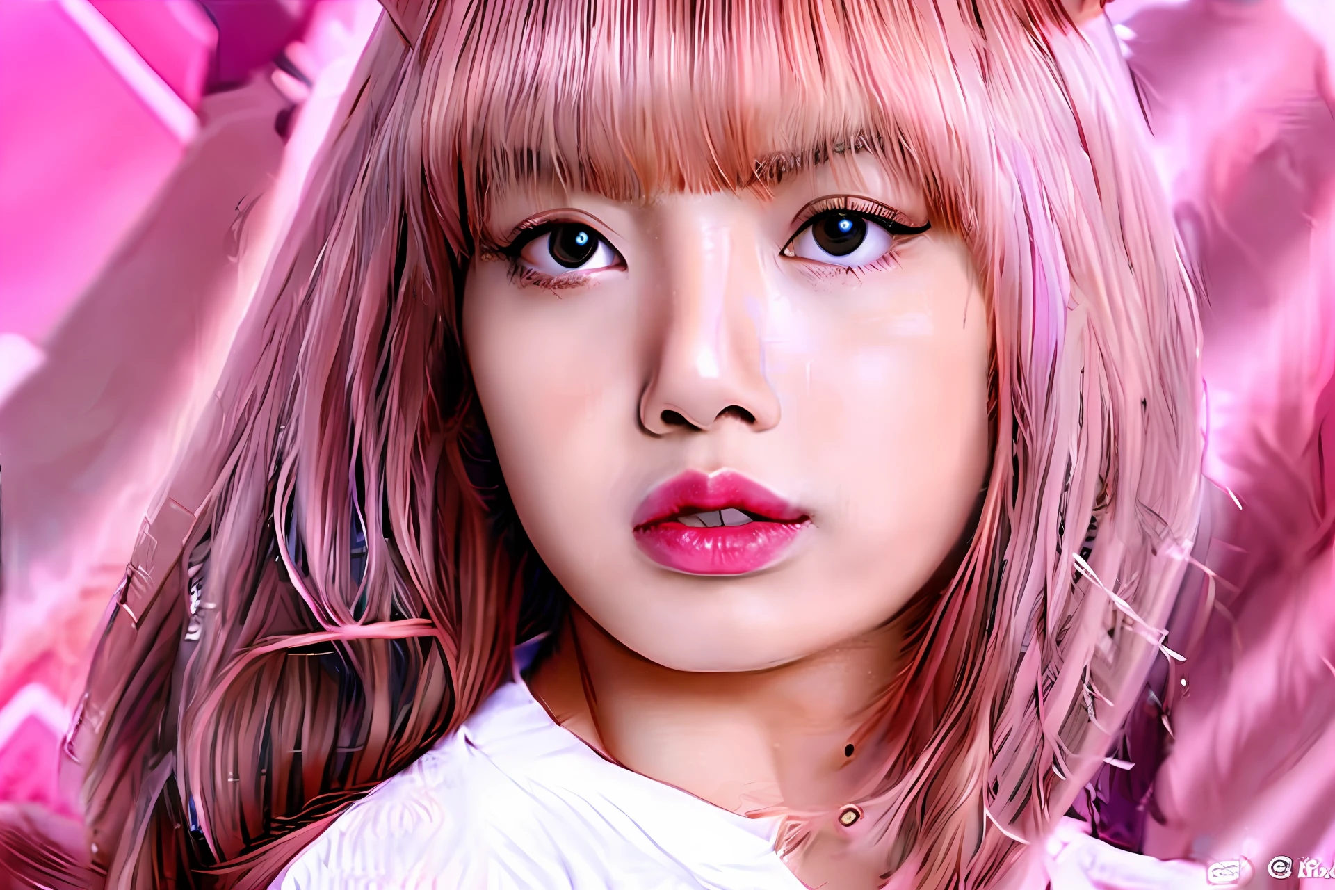 pink straight hair,Pink fox ears,Sapphire pupil,White shirt,Foxtail,quadratic element,64k