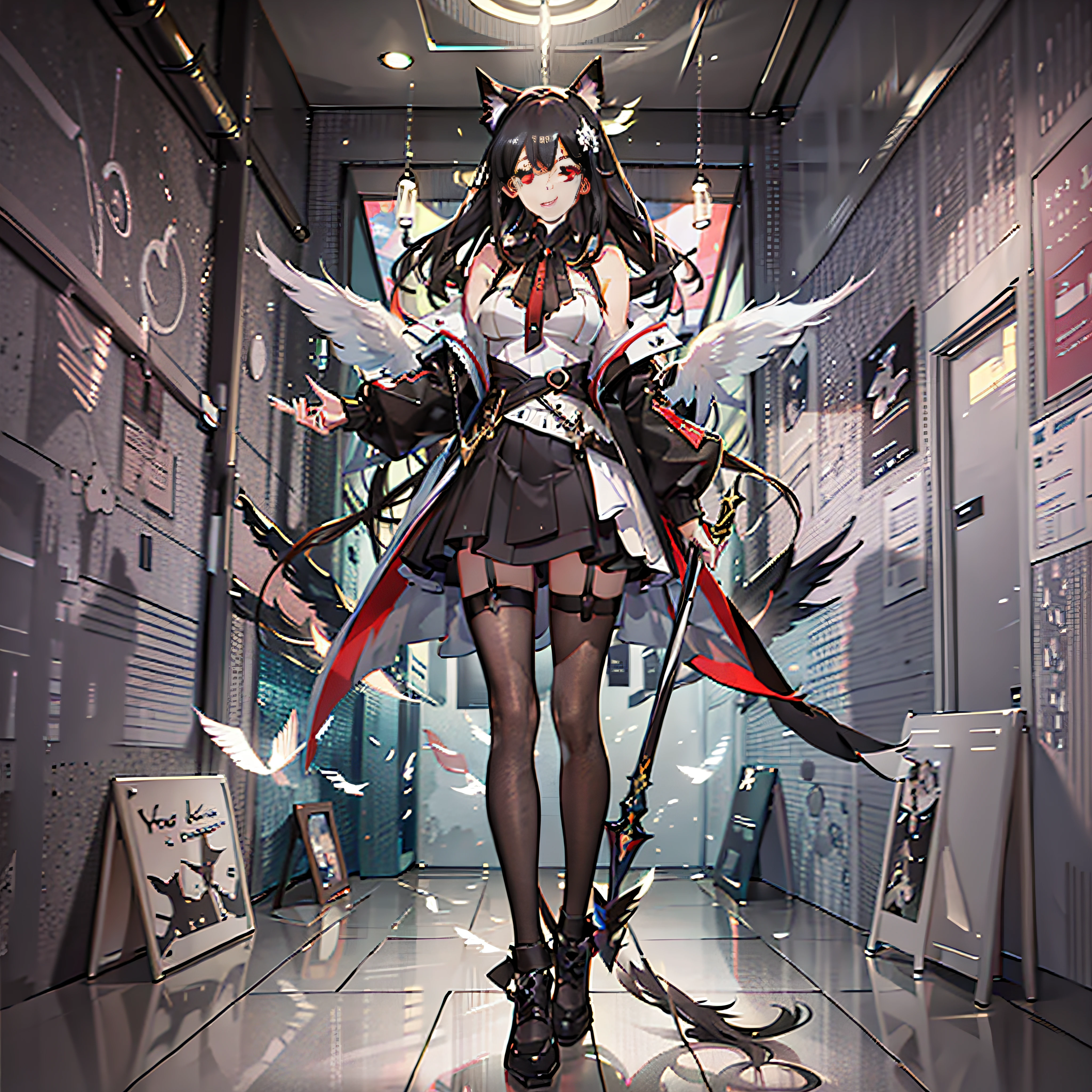 whaite hair, long whitr hair, Red eyes, angelicales, teens girl, cat ear, (Long-handled weapon:1.5), Black jacket with blue shirt, short skirt, White sneakers, white short socks,( Black wings:1.8), crosses, Compassionate people Ultra HD, retinas, Masterpiece, ccurate, Textured skin, Anatomically correct, Super detail, Award-Awarded, Best quality, High details, High quality, A high resolution, 8K,Masterpiece,Best quality,illustration,Extremely detailed CG unifies 8K, 8K, Diamond, and wallpaper,created by famous artists,large-scale masterpiece Digital art,Detailed manga illustrations,Ultra-detailed,finely detailed,A high resolution,stunning art,intricately details,Beautifully painted,1girll,Solo,Full body like,standing on your feet