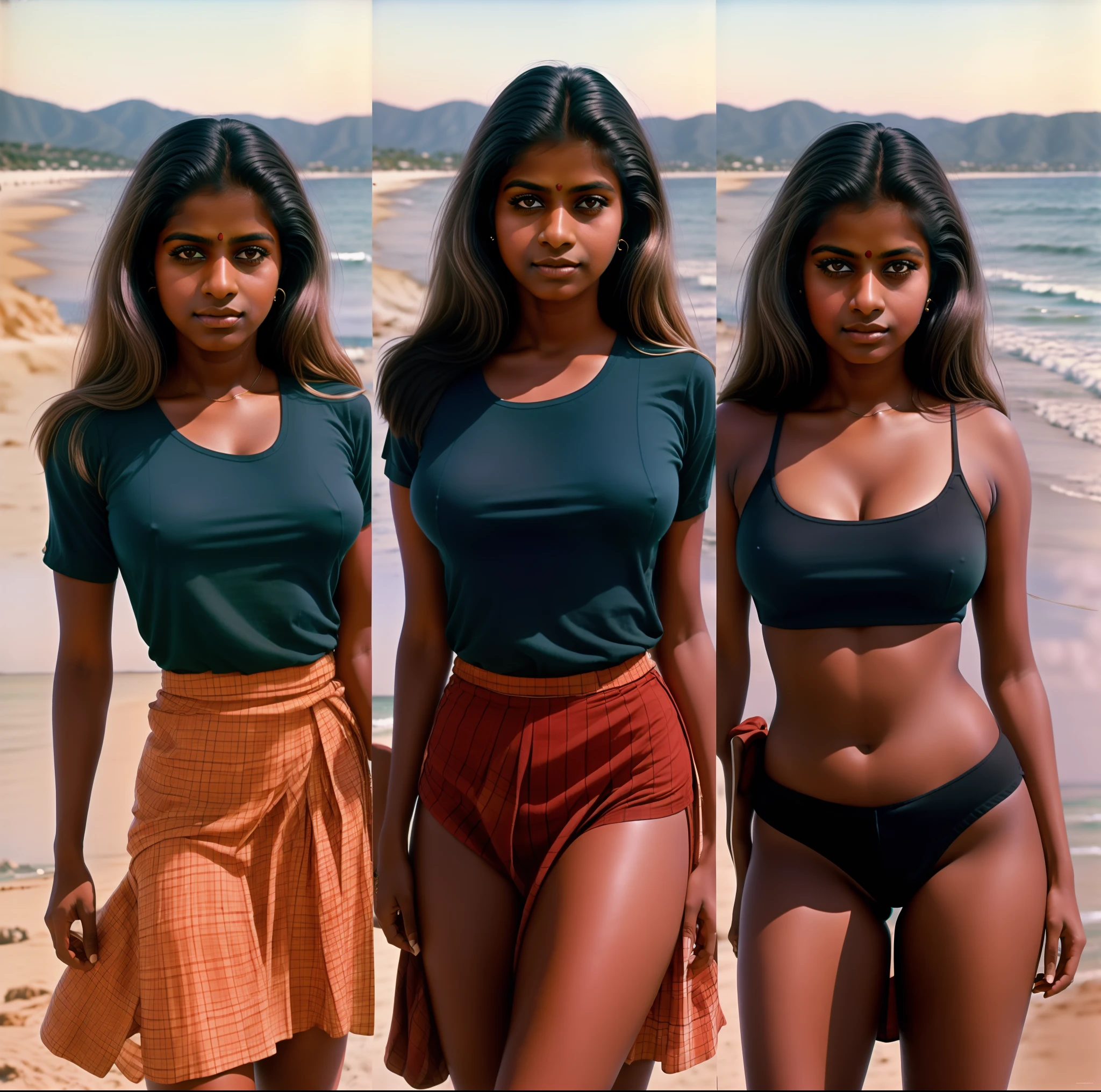 ((1970s style:1.3)) magazine cover page, Indian dark skin woman wearing a t-shirt and skirt, (busty, curvy:1.0), 1970s photo quality,shot on Kodak Ultra F9 35mm Film camera, background is a beach, black hair