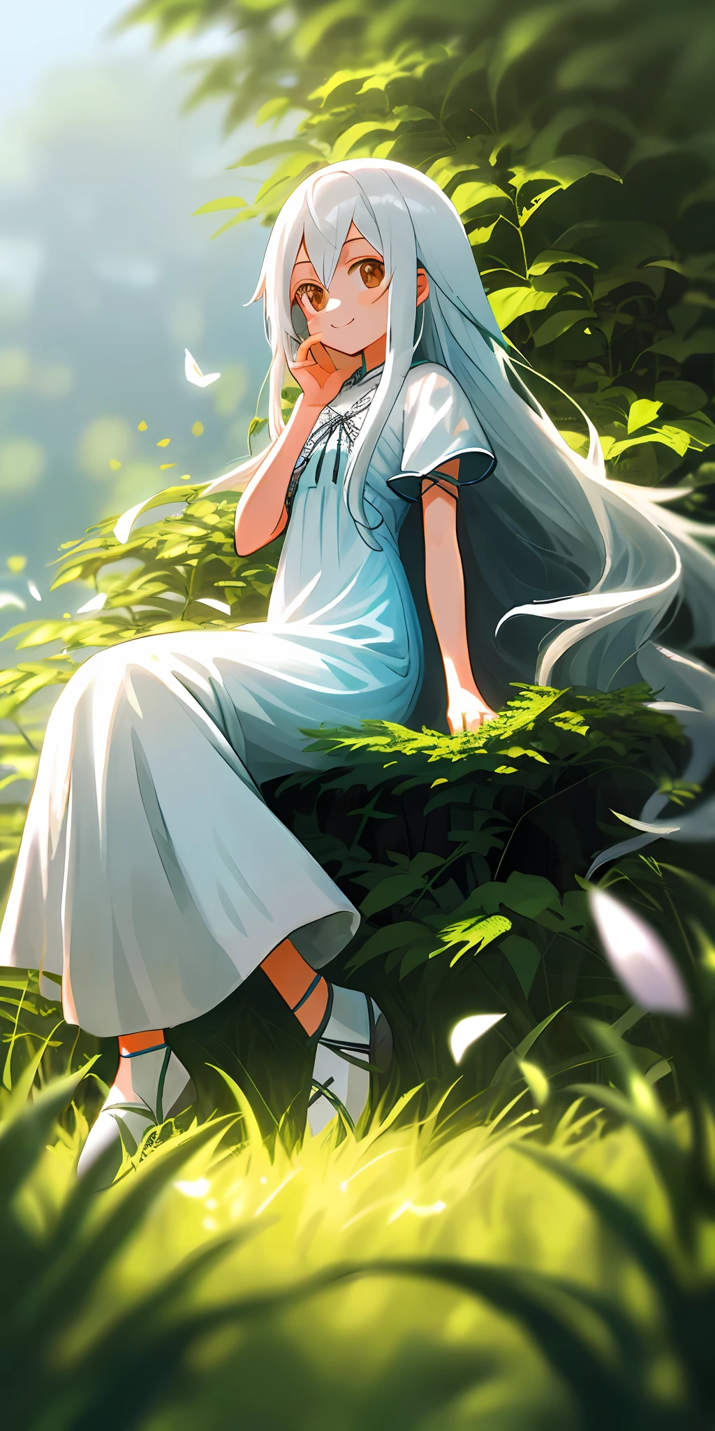 （tmasterpiece，best qualtiy），1 girl with long white hair sitting in a field of greenery and flowers，her hand under her chin，warmly lit，white dresses，Blurred foreground,seduct smile,small loli,perfect body figure