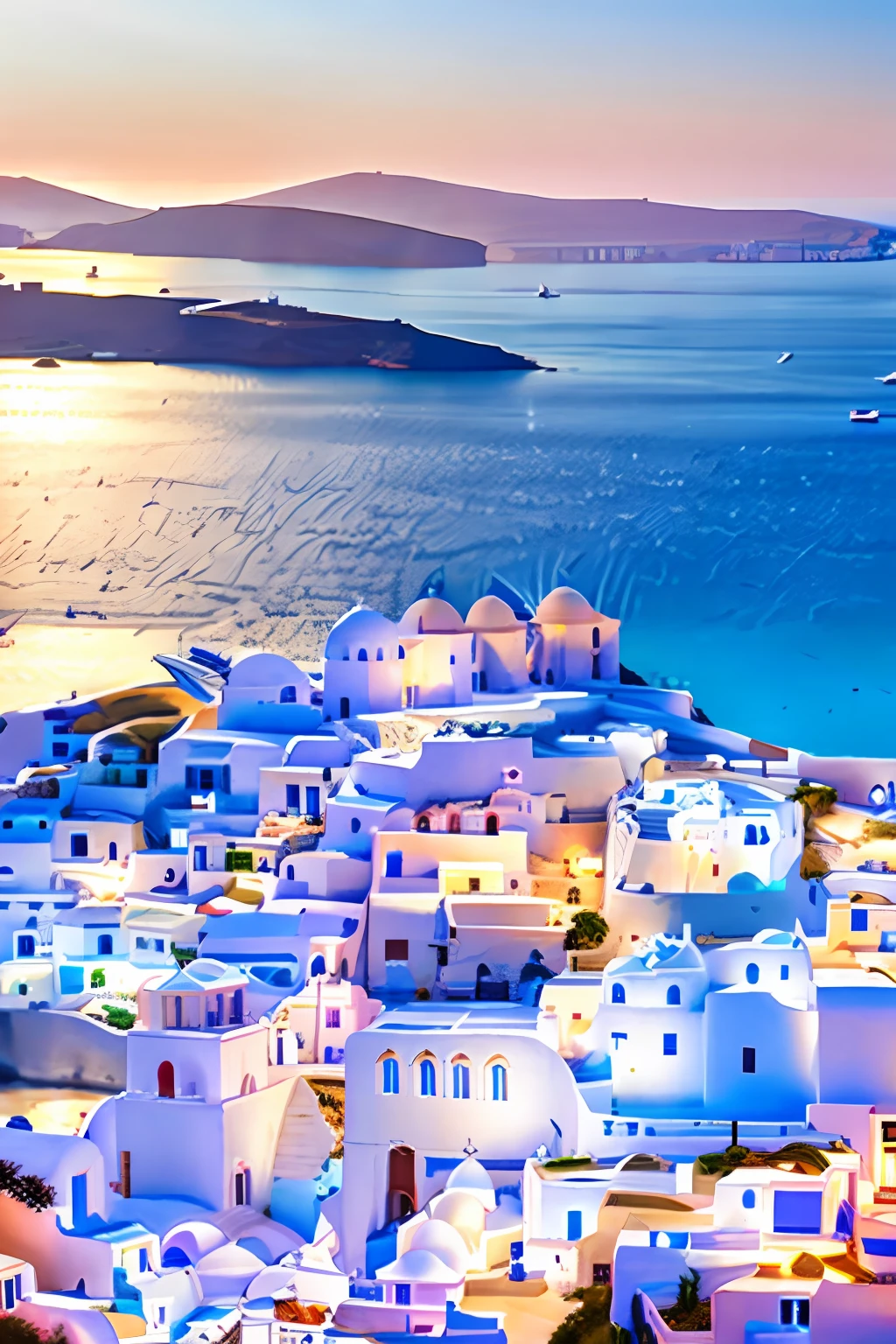 Alafed view of town with water body in background, greek setting, Greece, whitewashed buildings, Mills, Santorini, surrounding the city, mediterranean island scenery, Fantasy panorama of Greece, the sea seen behind the city, Isomer View, View from a little above, View in profile from a distance, In Santorini