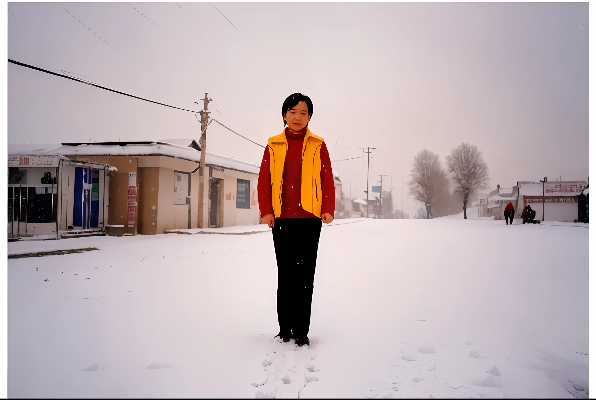 (High Picture Quality, Strong sense of atmosphere, Snow in winter)，A woman in the snow wears a red jacket，(Standing on the streets of Xuehe township, Behind you is a small shop, The sky is orange)，The man walked forward through the snow，Look around and feel the unique charm of this place，Occasional vehicles may move，Extremely dynamic。