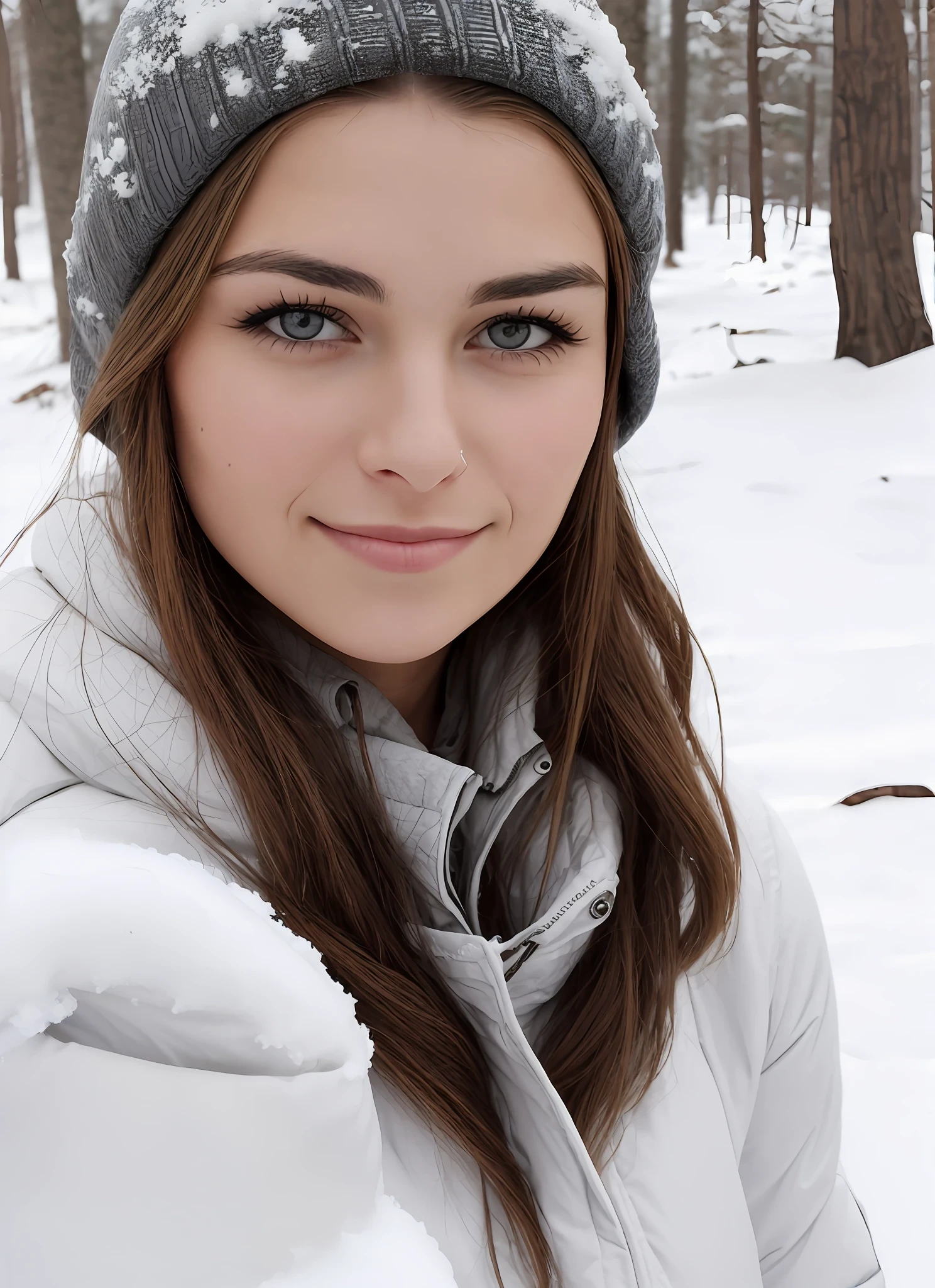 Beldel, photograph of a woman standing outside, winter, (snow:1.2), white shirt, (detailed face), soft smiling, detailed iris, detailed eyes, full body,
film grain, natural skin texture,