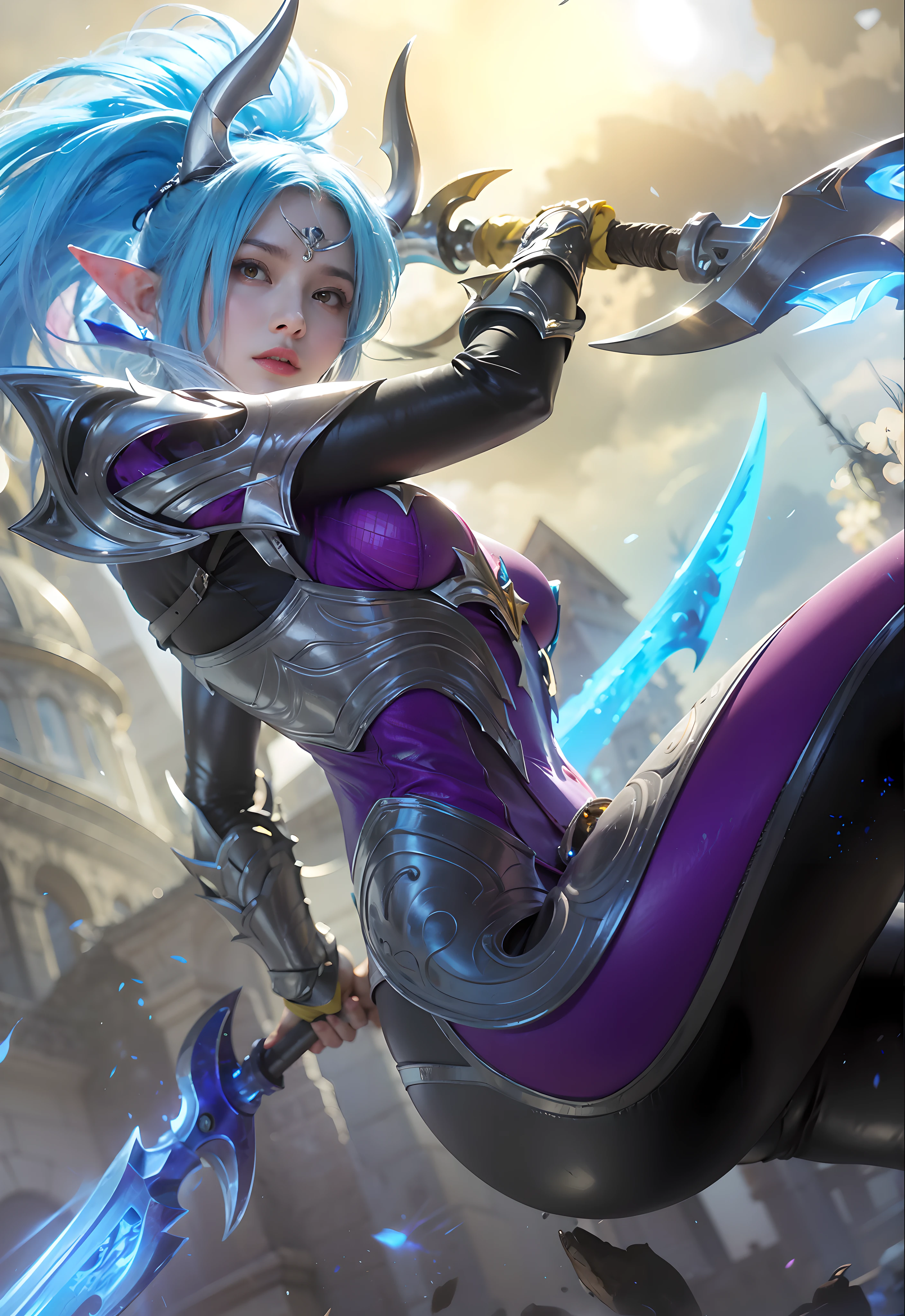 (female:1.2), 8k, ultra hd, ultra detailed texture, hyper realistic, masterpiece, detailed texture, detailed face, detailed skin, detailed lighting, (photorealistic:1.5), best quality, beautiful lighting, cinematic lighting, professional lighting, ultra highres, realistic, detailed hair, real hair, high quality, (realskin:1.5), extremely detailed, finely detail, ultra-detailed, 1girl, solo, floating, elf, pointy ears, iron horns, (yellow eyes:1.5), v-shapoed eyebrows, lips, pink lips, nose, make up, pretty, beautiful, cute face, long hair, blue hair, ponytails, large breasts, thigh high, ass, forehead protector, purple bodysuit, armor, armor shoulder, long sleeve, pauldrons, holding weapon, double blade, glowing weapons, karina \(mobile legends\), dual wielding, looking aways, colored skin, pink skin, skin tight, amazing pose, outdoors, sunset, blurry background