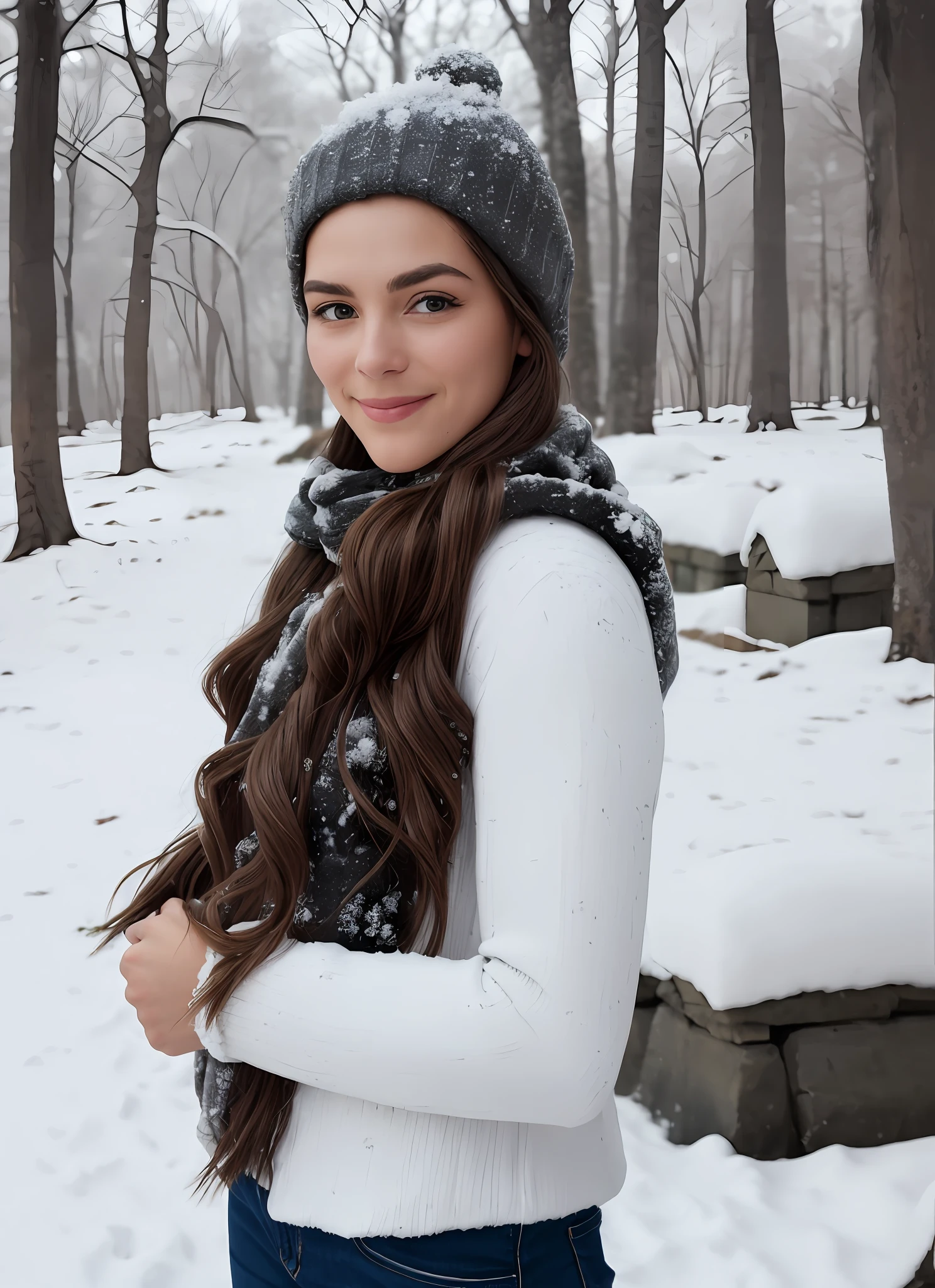 Beldel, photograph of a woman standing outside, winter, (snow:1.2), white shirt, (detailed face), soft smiling, detailed iris, detailed eyes, full body,
film grain, natural skin texture,