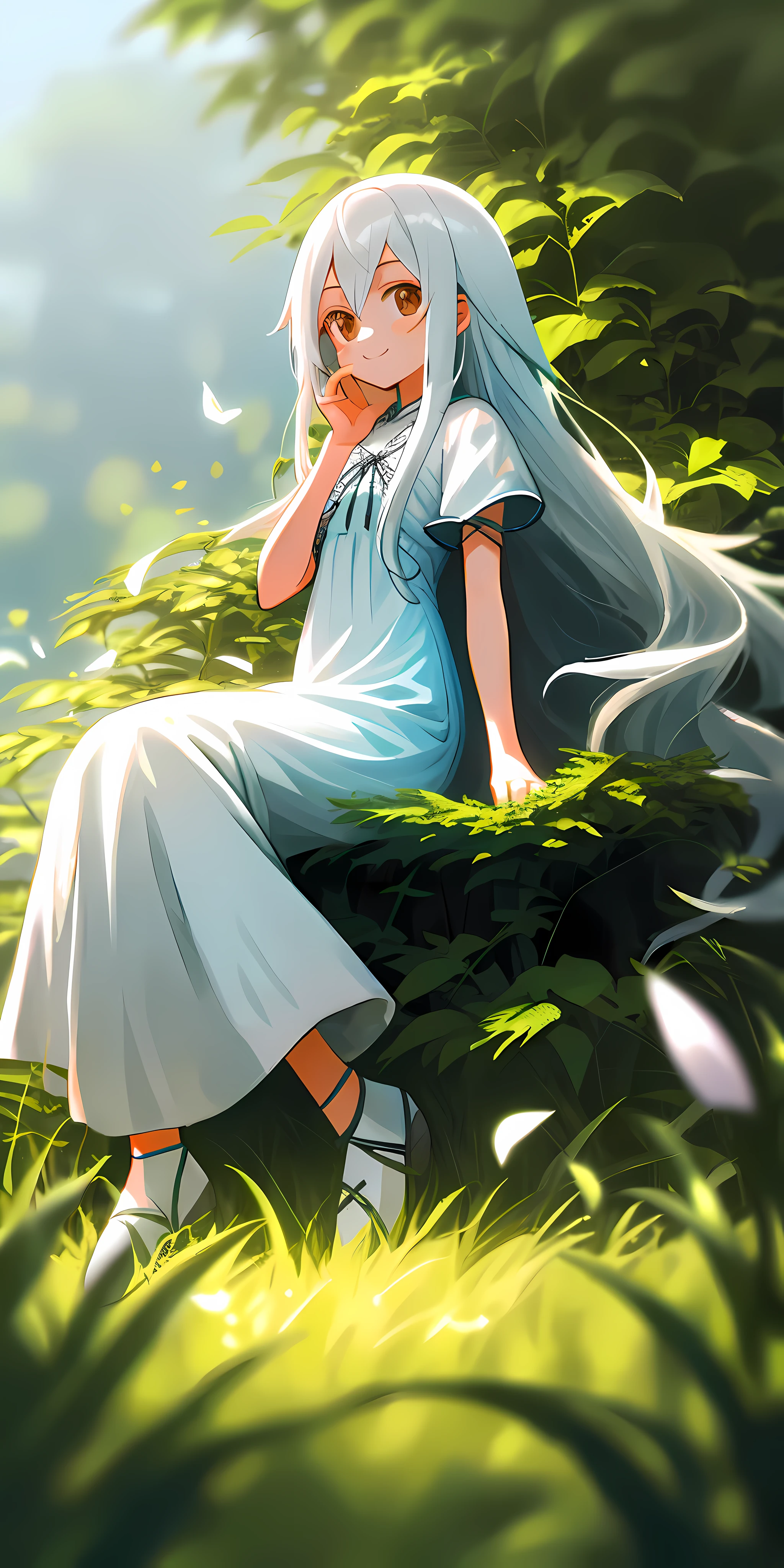 (tmasterpiece,best qualtiy),1 girl with long white hair sitting in a field of greenery and flowers,her hand under her chin,warmly lit,white dresses,Blurred foreground,seduct smile,small loli,perfect body figure