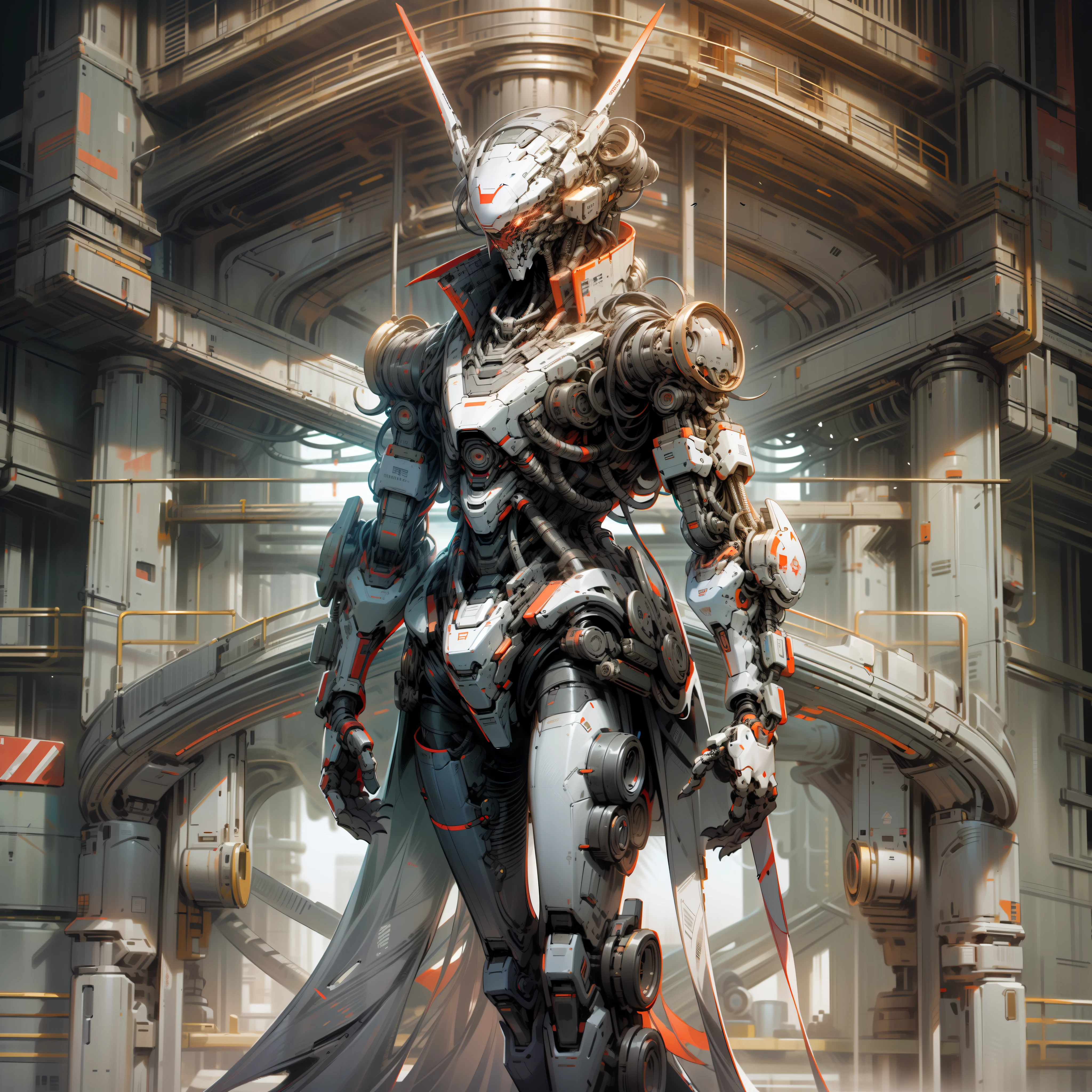 (high high quality+High definition)Future tech aesthetics:1.8，Black and red color scheme:1.2，Detailed mechanics and thrilling robots，Stroll through the magnificent futuristic city。Robot black and red,Future city landmark cyberpunk style two-meter long knife man wears a sense of technology,  Black and red tech trench coat