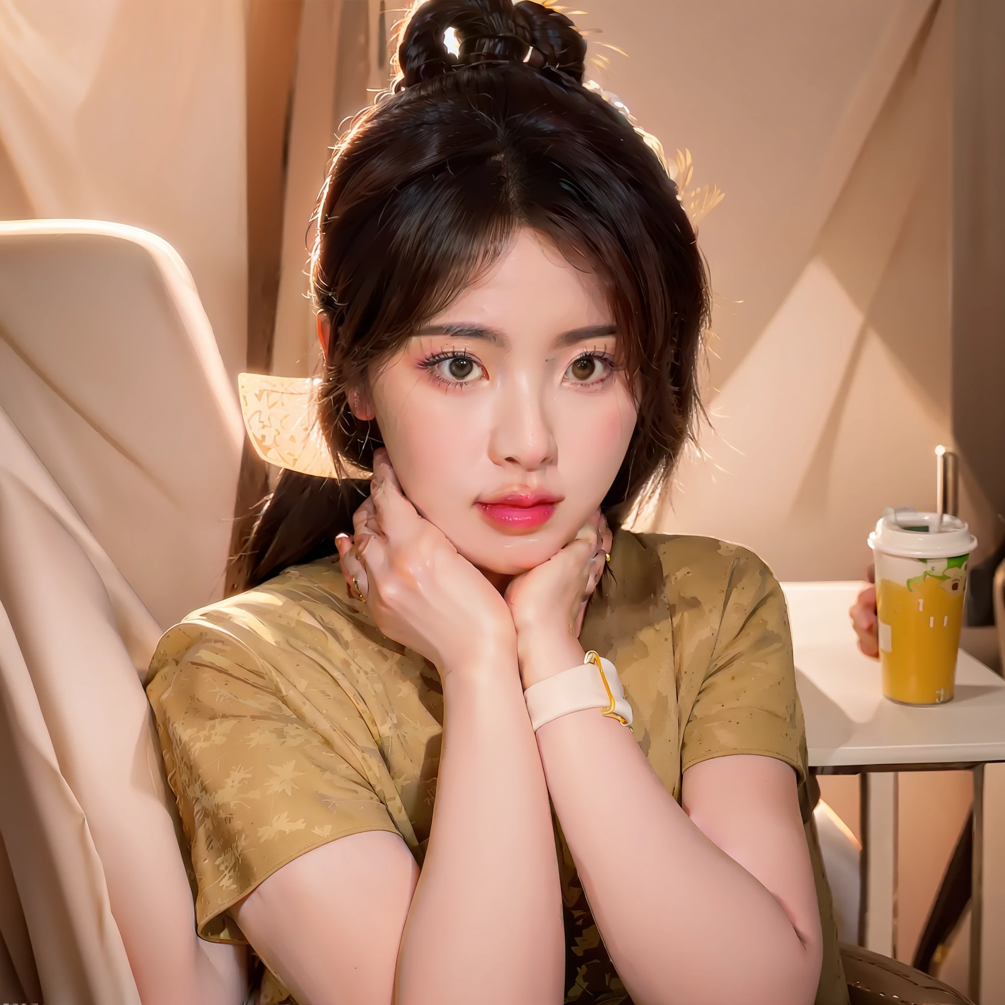 There is a woman sitting on a chair,hand on chin, Korean girl, beautiful Korean women, young lovely Korean faces, Beautiful young Korean woman, Gorgeous young Korean woman, Choi Hyun-hwa, with round face, popular korean makeup, Korean woman, wan adorable korean face, Korean face features, ulzzangs, Popular Korean makeup