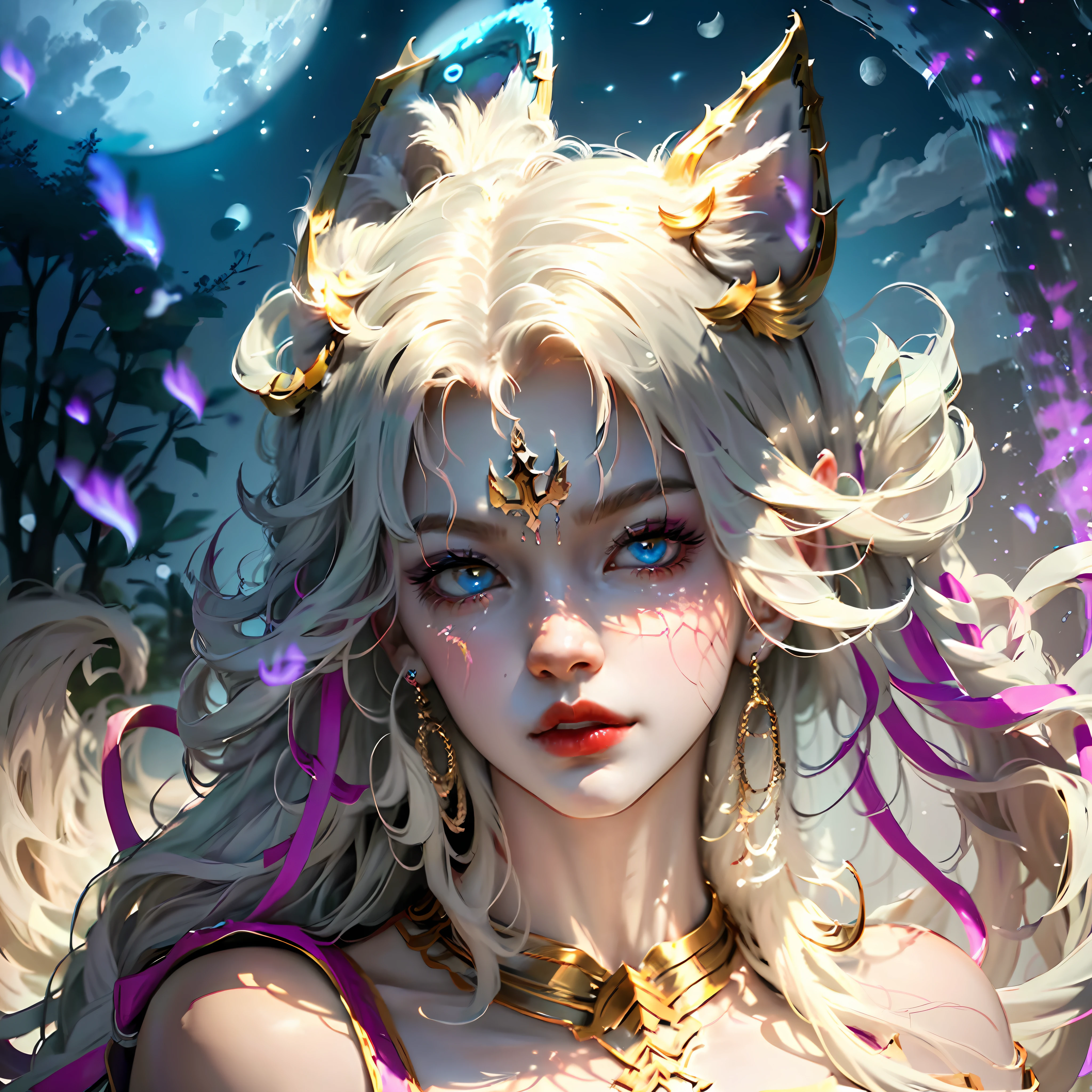 Nine-tailed fox white side position Full moon night Fierce eyes Huge body Opposite the gaze of a young man The young man is slightly small --auto