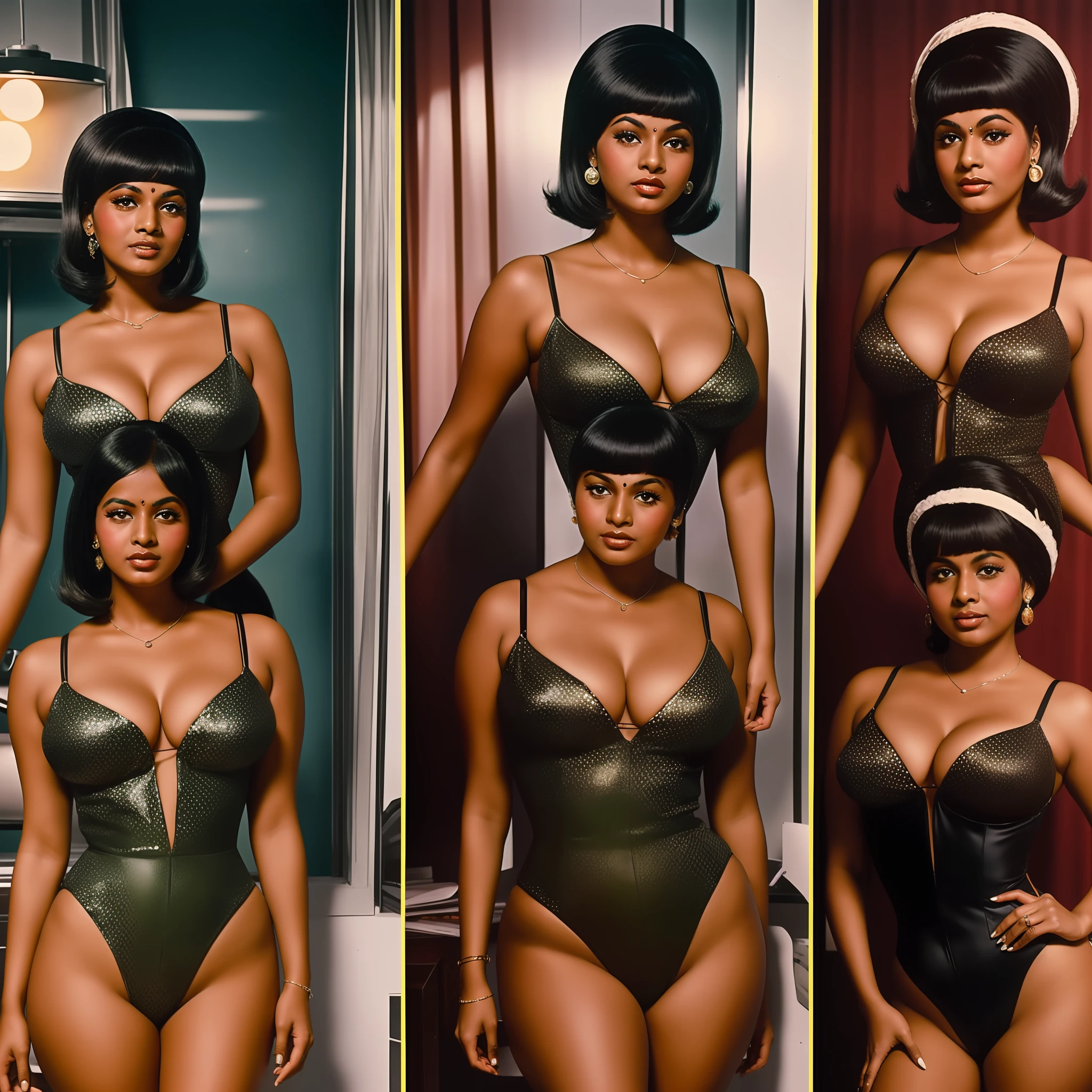 (Split screen:1.1),((1960s style:1.3)) photoshoot, Indian dark skin woman wearing different sexy costumes, (busty, curvy:1.2), 1960s photo quality,shot on Kodak Ultra F9 35mm Film camera,(photorealistic:1.3)