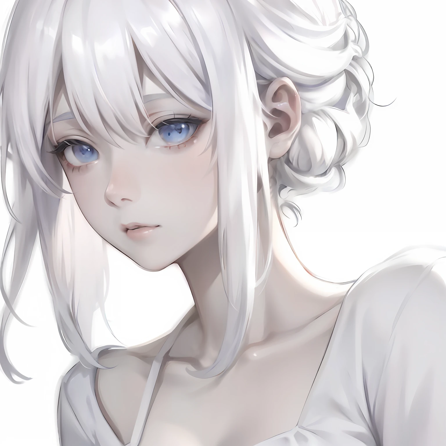 anime girl with white hair and blue eyes in a white dress, Girl with white hair, detailed portrait of an anime girl, Guviz, made with anime painter studio, Girl with short white hair, Guviz-style artwork, Smooth anime CG art, white haired Cangcang, a beautiful anime portrait, realistic anime artstyle, Portrait of an anime girl
