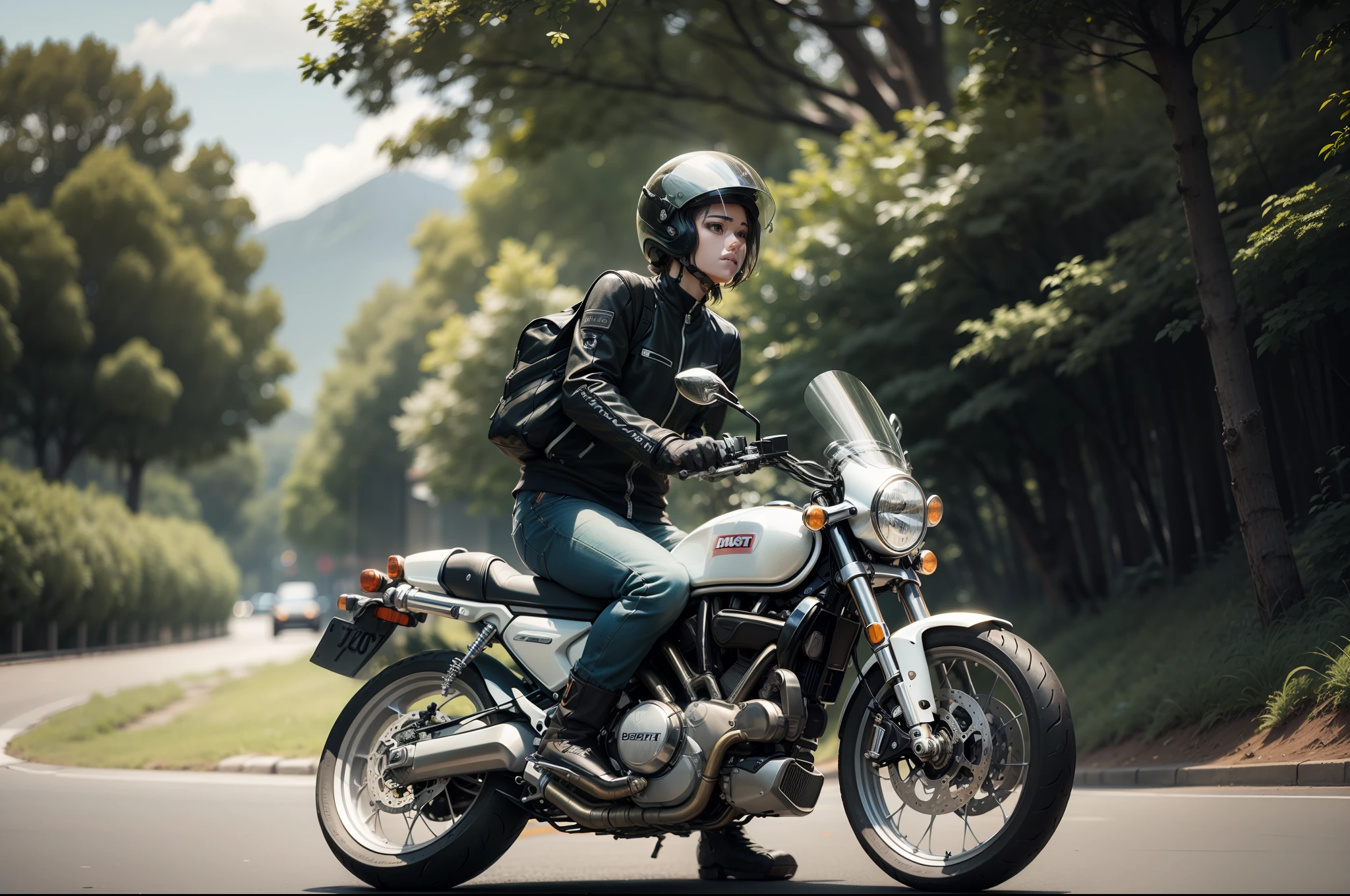 Anime style,Ducati self-tour 800,Black motorcycle,Vintage car