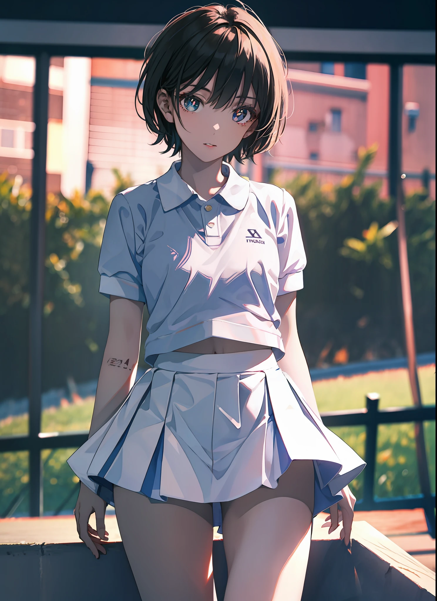 1girl, solo, white polo shirt, white sneakers, tennis wear, white mini skirt, masterpiece, best quality, realistic, super detailed, ridiculous, looking at the audience, short black hair, brown eyes, slender, dynamic light and shadow, high resolution, sharp focus, depth of field, fine eyes, sharp pupils, realistic pupils, (small chest: 1.6), (thigh thickness: 1.0), outdoor, sky