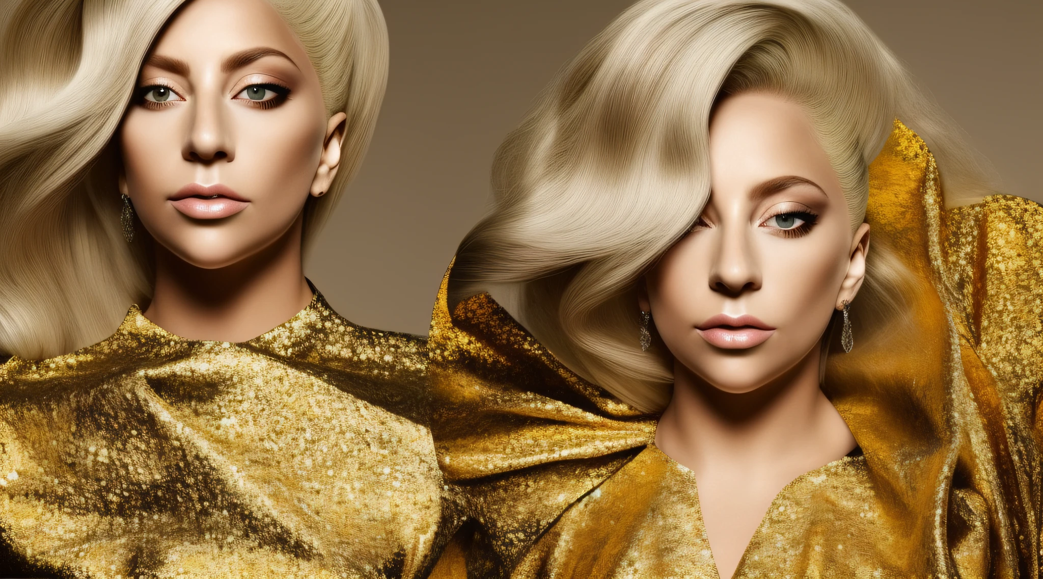 um close up de uma KIDS BLONDE de cabelos compridos, em um vestido com uma s, three-point lighting , an album cover, Lady Gaga Artpop Act II álbum, Standing on gold leaf