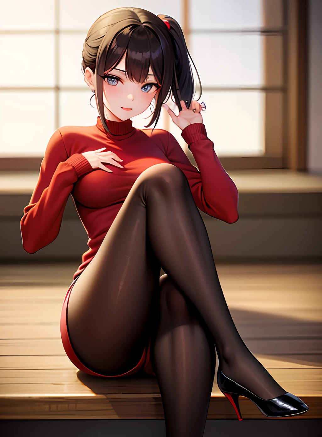 red sweater,The kinky is exposed,High ponytail,brunette color hair,Beautuful Women,high-heels,blackstockings,Raised sexy,seductiv