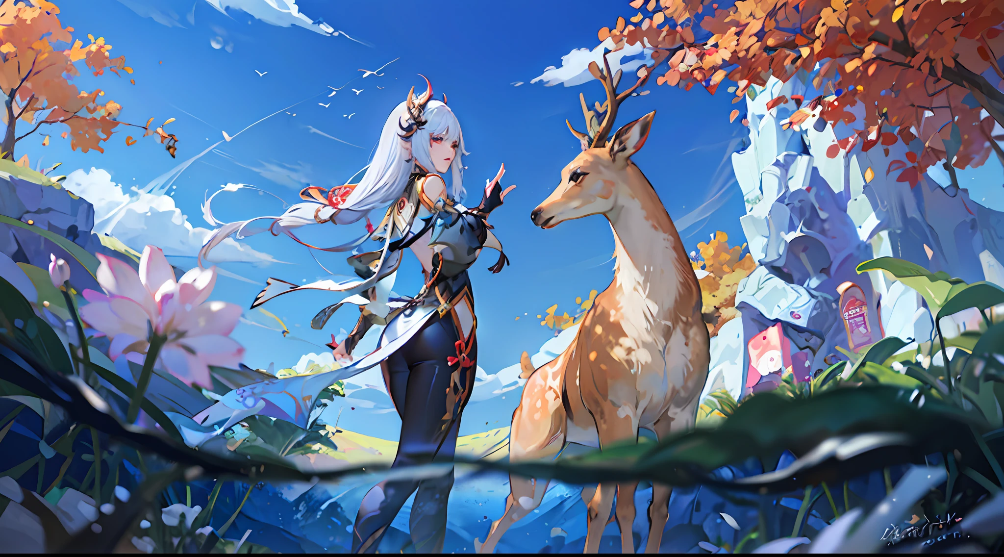 Anime girl standing next to deer with long white hair, Genshin, Kushatt Krenz Key Art Women, 2. 5 D CGI anime fantasy artwork, Anime fantasy illustration, Onmyoji detailed art, trending on artstation pixiv, Artgerm and Atey Ghailan, Keqing from Genshin Impact, ayaka game genshin impact