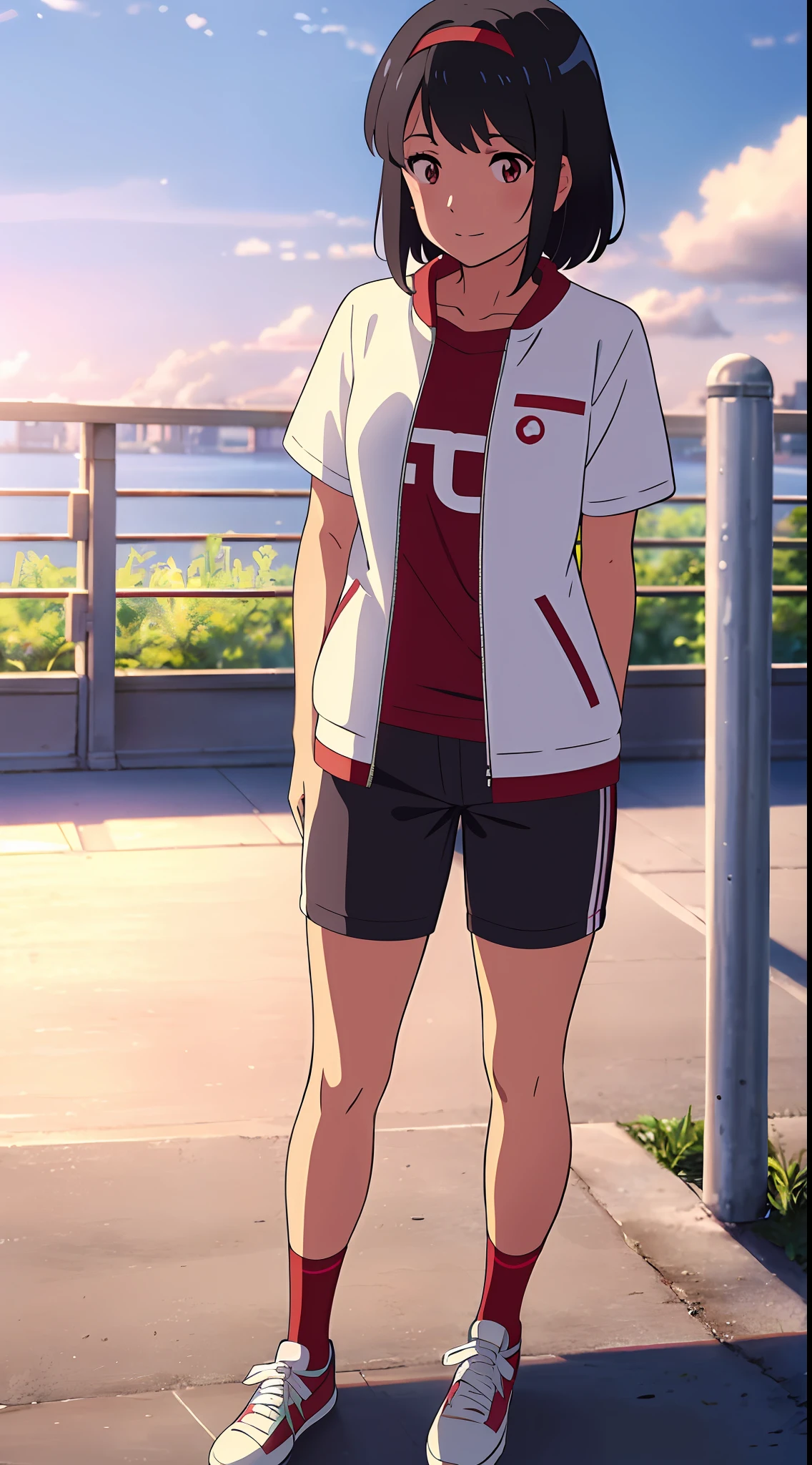 shinkai makoto, kimi no na wa., 1girl, bangs, black hair, sky, blush, brown eyes, cloud, red headband, looking at the viewer, Outsides, bright, red ribbon, sport wear, t-shirt, short hair, smile, solo, women's watch, white t-shirt, mid-socks, white socks, black sneakers, full body, pants, white pants, long sleeves, jacket, white jacket
