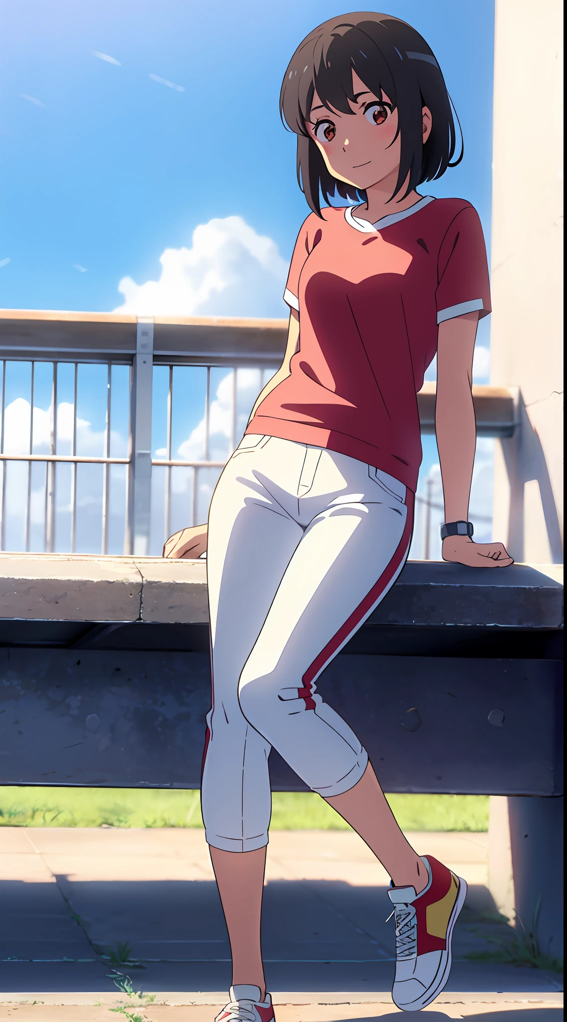shinkai makoto, kimi no na wa., 1girl, bangs, black hair, sky, blush, brown eyes, cloud, red headband, looking at the viewer, Outsides, bright, red ribbon, sport wear, t-shirt, short hair, smile, solo, women's watch, white t-shirt, mid-socks, white socks, black sneakers, full body, pants, white pants, long sleeves, jacket, white jacket