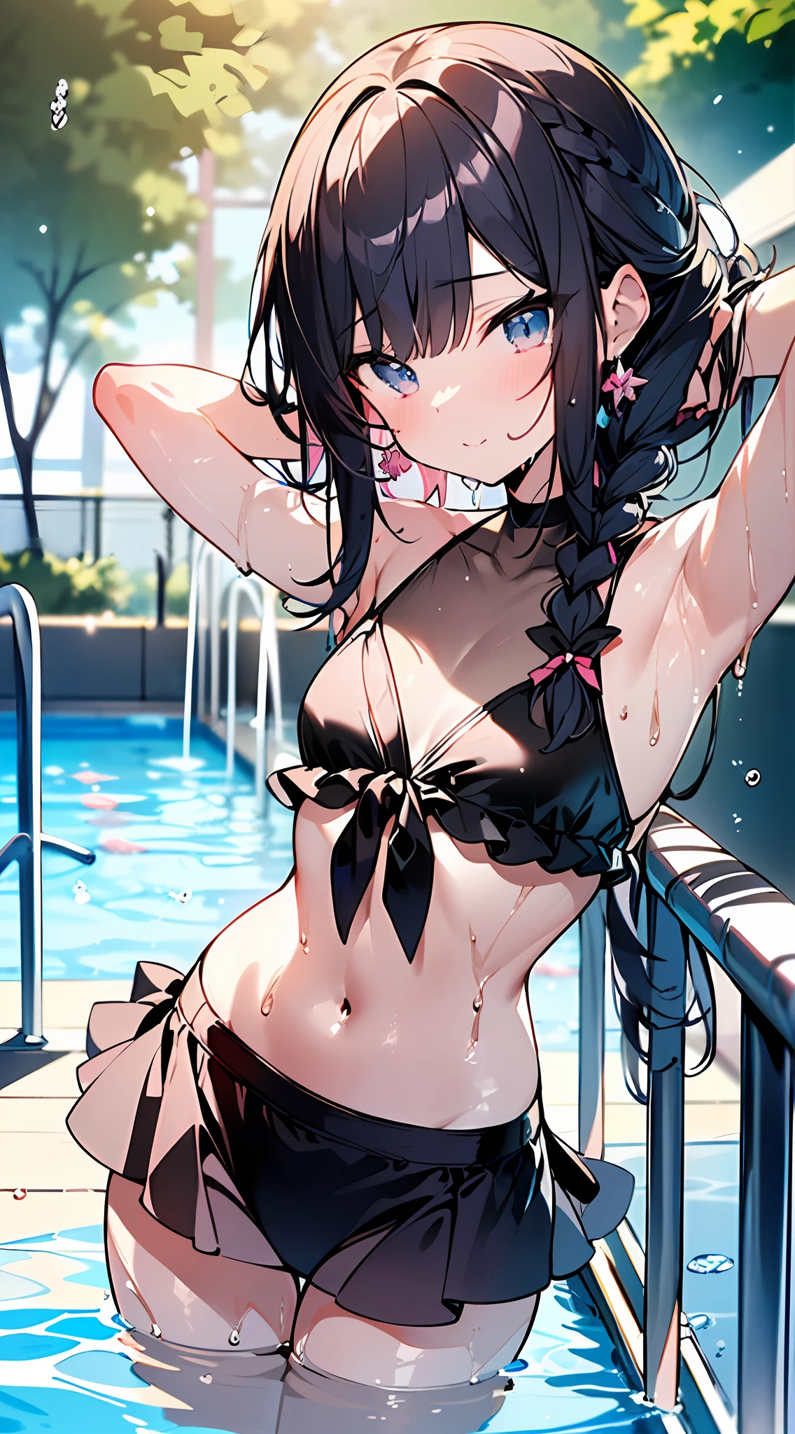 (Incredibly ridiculous absolute resolution:1.5)、Anime girl in glamorous bikini, anime moe art style, Seductive Anime Girl,Anime , 8k Manga Wallpapers,((small curvy loli pretty anime girl,((swimming pools))、wetting hair、(The length of hair to the shoulders)、(short braided hair)、Beautiful anime girl, (Anime Girl), clean detailed anime art