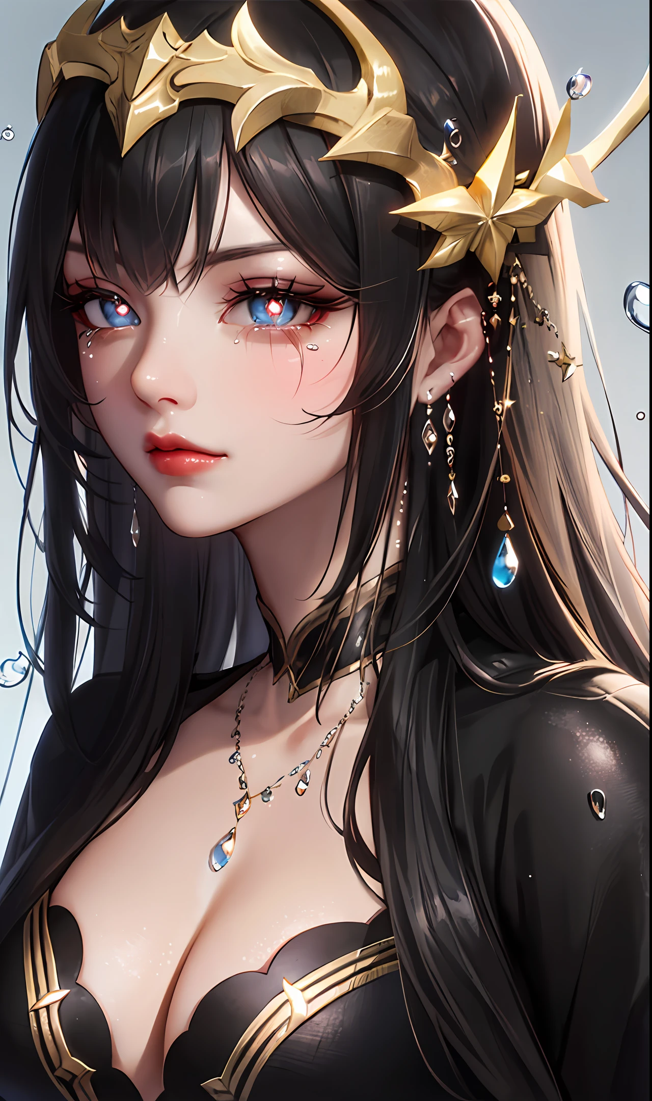 Eye focus,closeup cleavage,tear drops,hair glowing,Black pupils,Long black eyelashes,
