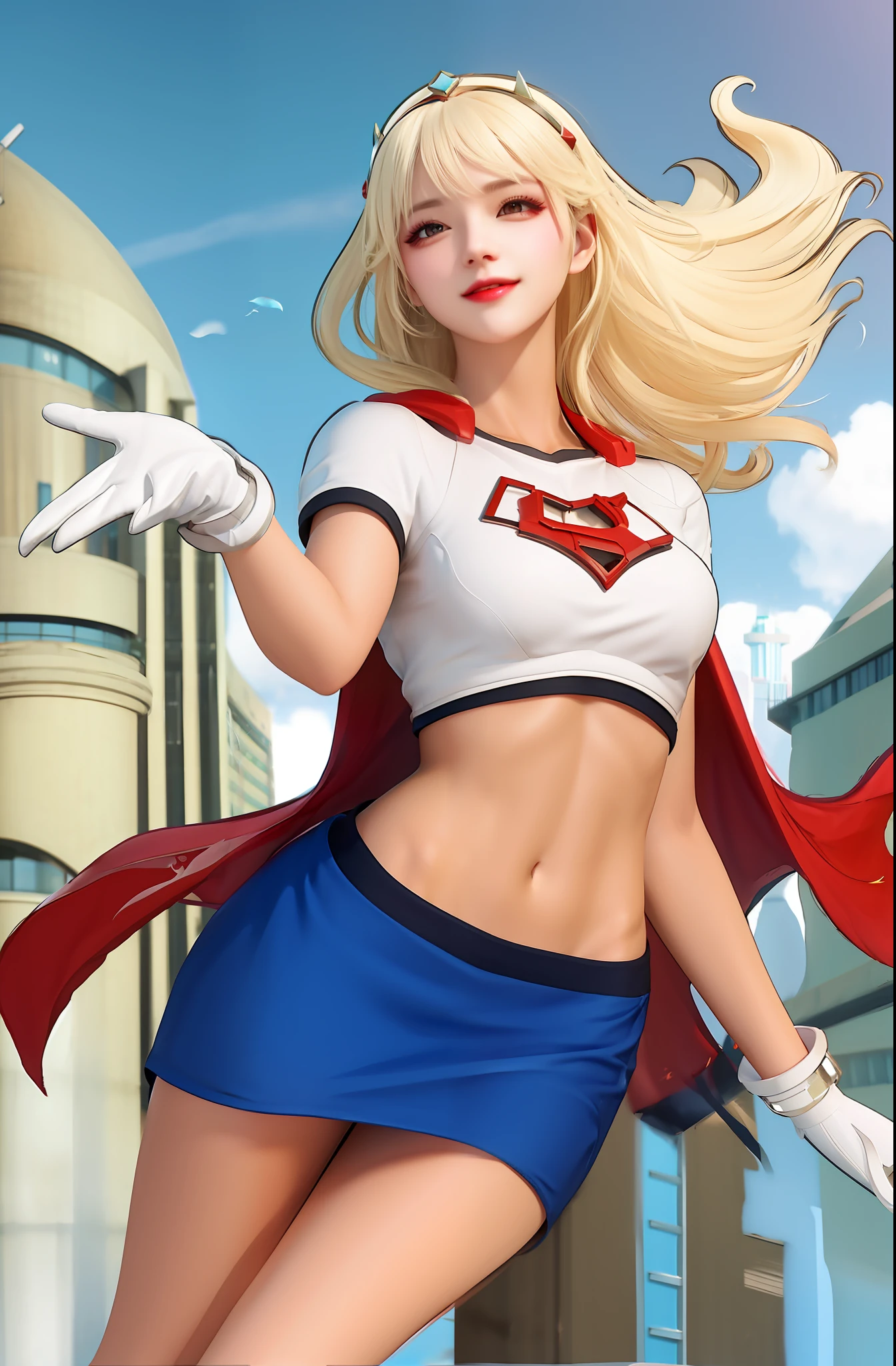 Sci-fi tall building background,Raised sexy,Cute and sweet,ssmile,prette,brunette color hair,head gear,photo level,realisticlying,offcial art,Unity 8k壁纸,ultra - detailed,aesthetics,tmasterpiece,best qualtiy,realisticlying