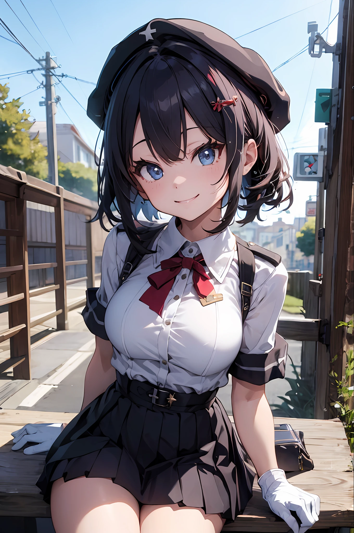Anime girl in uniform sitting on a bench in front of a building - SeaArt AI