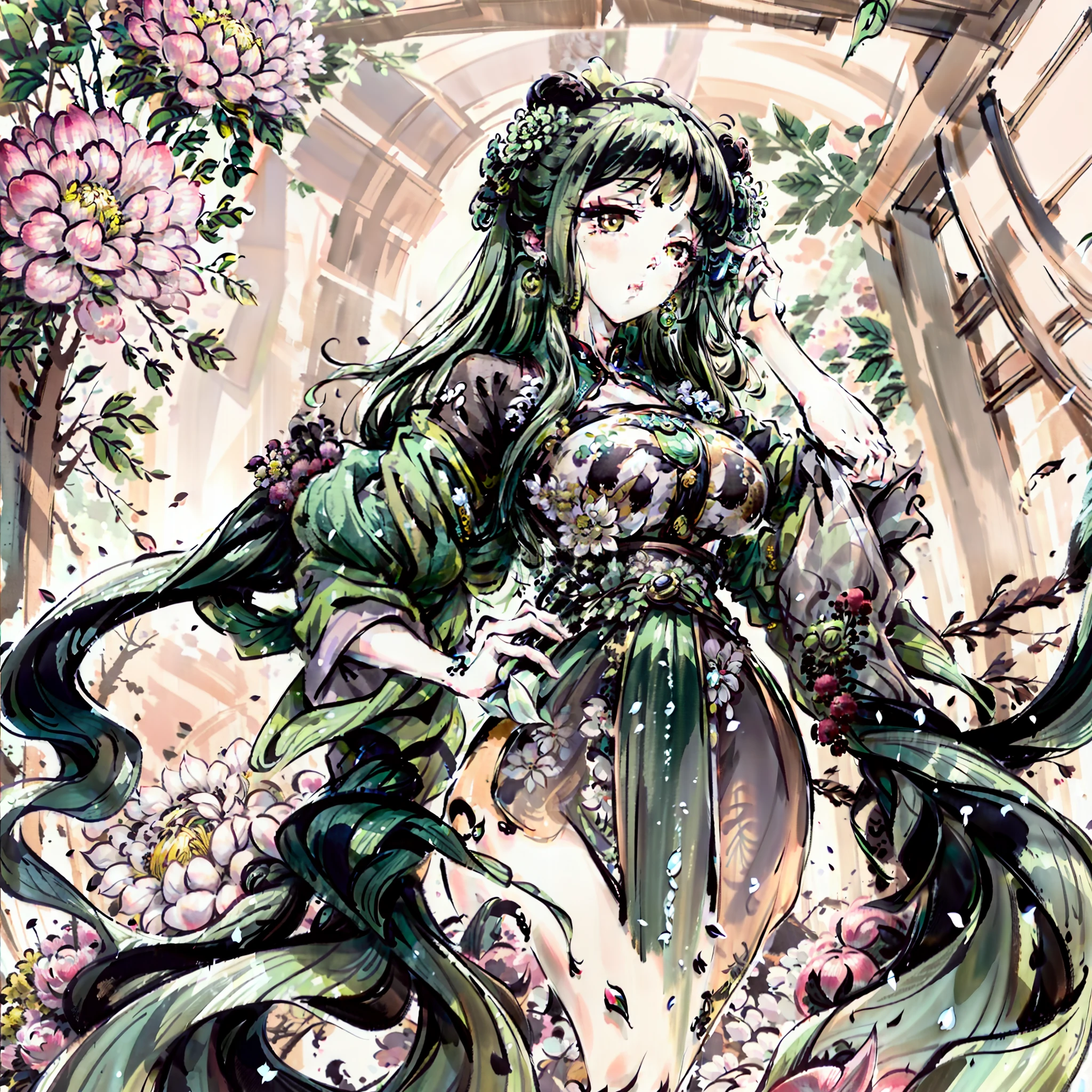 Hanfu,green color,cabelos preto e longos,Peonies,chrysanthemums,Need,HD,Masterpiece,big breasts thin waist