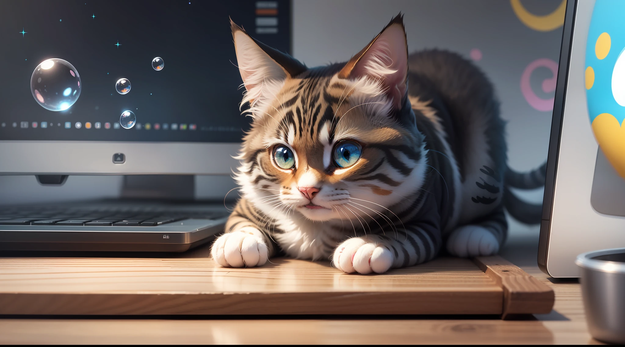 "Captivating PC wallpaper featuring an adorable animated cartoon cat as the central character. The cat has large, expressive eyes brimming with curiosity and mischief. Its whiskers are playfully twitching, and its tail is curled up in a cheerful manner. The cat is surrounded by a colorful and whimsical backdrop, with elements like floating bubbles, stars, and paw prints adding to the playful atmosphere. The overall design exudes cuteness and invites a sense of joy and lightheartedness. Perfect for bringing a smile to your desktop! --v 5 --ar 16:9 --stylize 300"