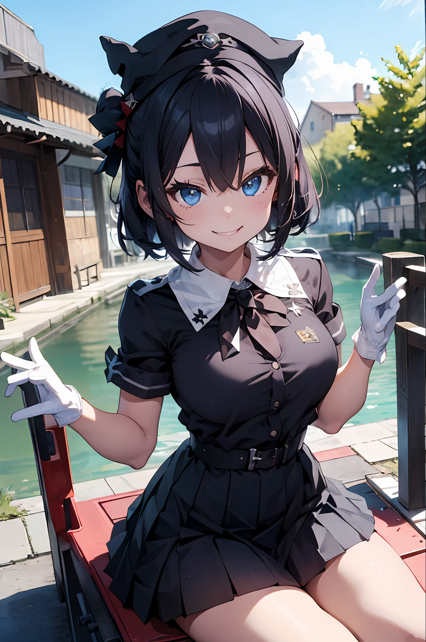 Anime girl sitting on a bench with a cat ears and a black dress - SeaArt AI