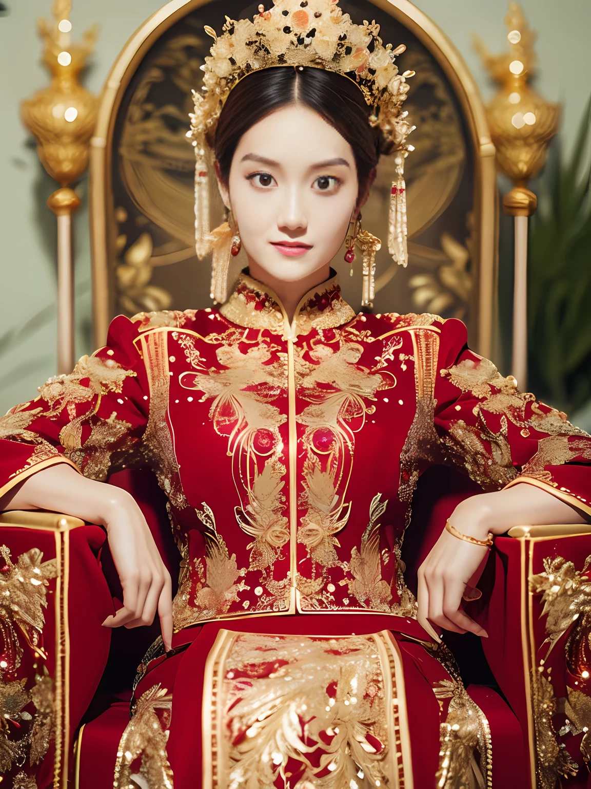 best quality, masterpiece, detail, intricate detail, realistic cinematic lighting, (fantasy art: 1.6), (seiza: 1.1), (front: 1.2), upright, royal, majestic, queen, (huge and golden throne: 1.4), crown, close-up front, solemn, throne, upright posture, seriousness, dignity, gaze ahead, contemplation, jewelry, solo, divine ray, 1 woman, gold and red dress, golden palace,