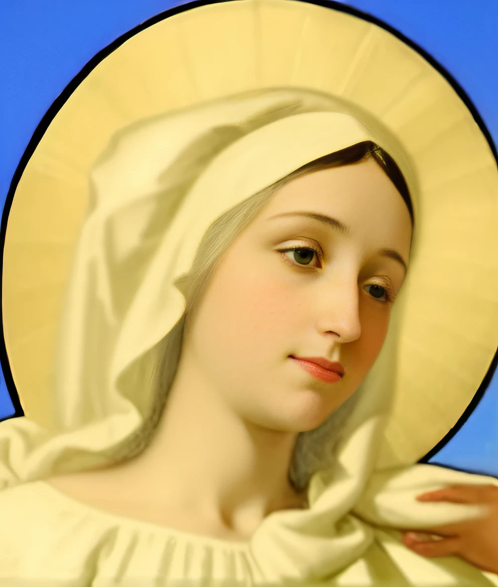 The Virgin Mary wears a white turban.Look upwards
