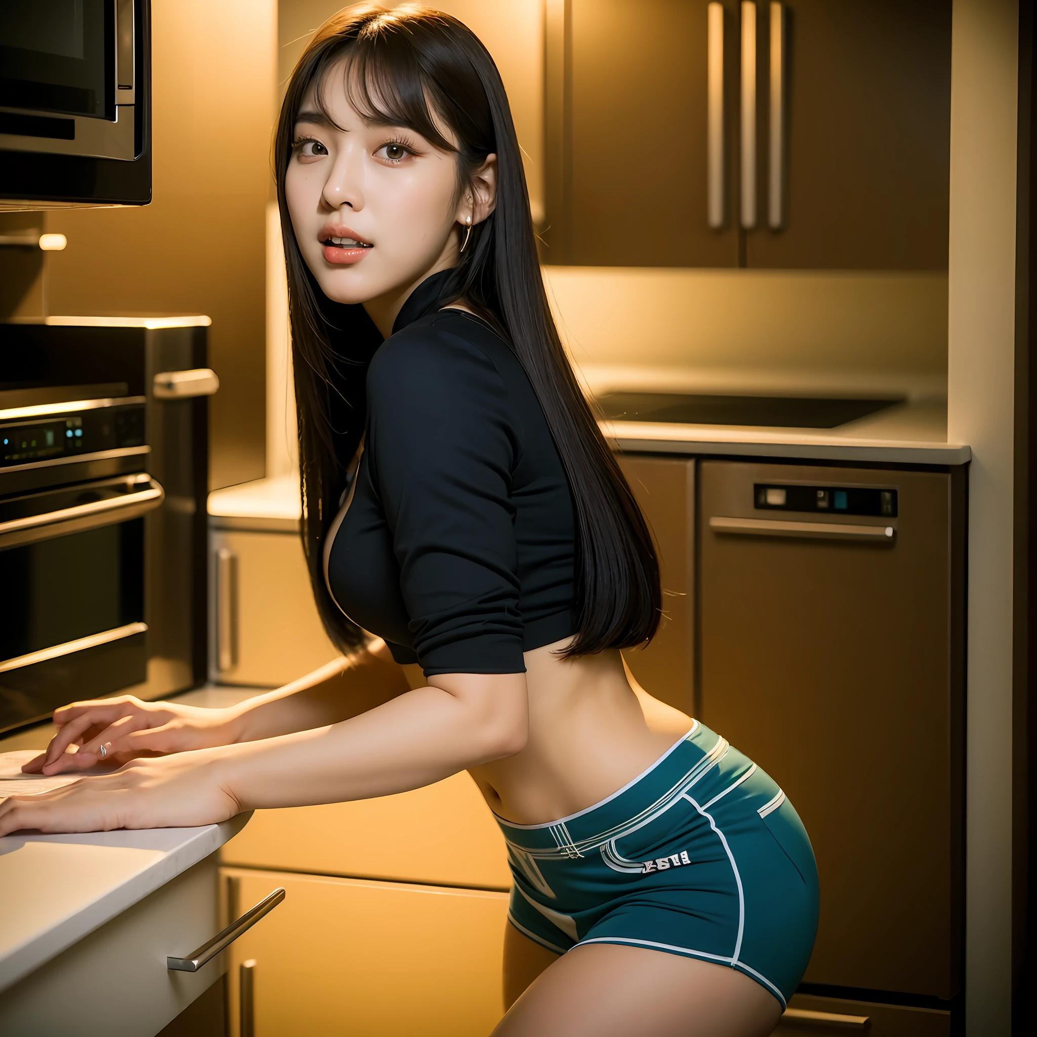 A woman stood in the kitchen,holding a laptop in his hand, Korean girl, Gorgeous young Korean woman, Good young girl, In the kitchen, 19-year-old girl, thicc, 21 years old, beautiful Korean women, Beautiful young Korean woman, Korean woman, 2 2 years old, young and cute girl, skinny waist and thick hips
