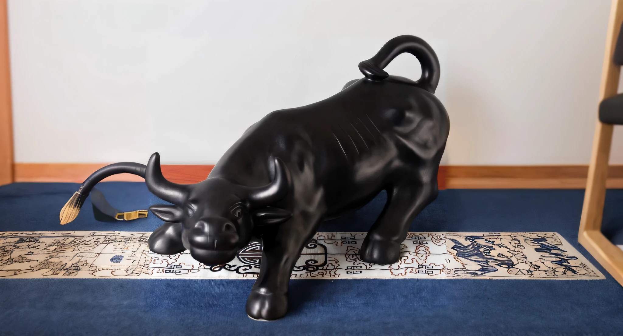 There is a black bull statue on a blue carpet on the wooden floor, taur, animal - shaped statue, half man half asian black bull, that resembles a bull\'s, black bull samurai, shui mo hua, a cow, hyper bullish, resin statue, cow head, the spirit of the bull run, monstrous animal statues, taur, author:Yang Borun