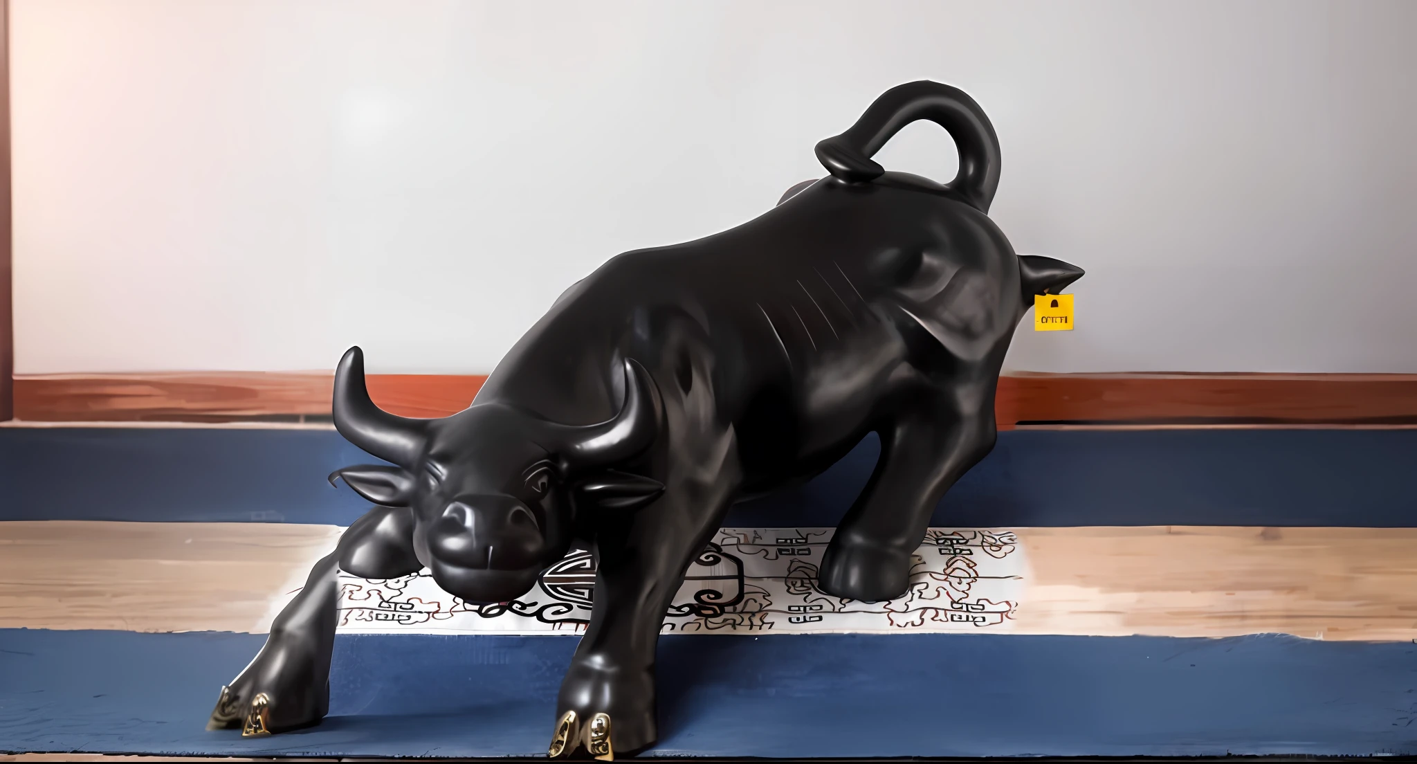 There is a black bull statue on a blue carpet on the wooden floor, taur, animal - shaped statue, half man half asian black bull, that resembles a bull\'s, black bull samurai, shui mo hua, a cow, hyper bullish, resin statue, cow head, the spirit of the bull run, monstrous animal statues, taur, author:Yang Borun