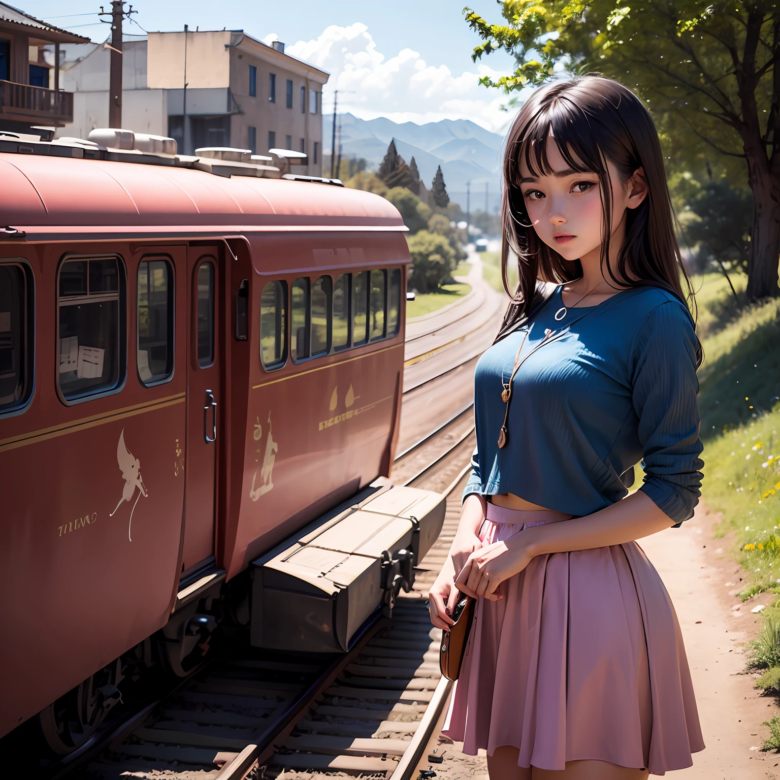 teens girl，Peacock blue top，pinkskirt，Next to the Big Dipper car，In the valley --auto