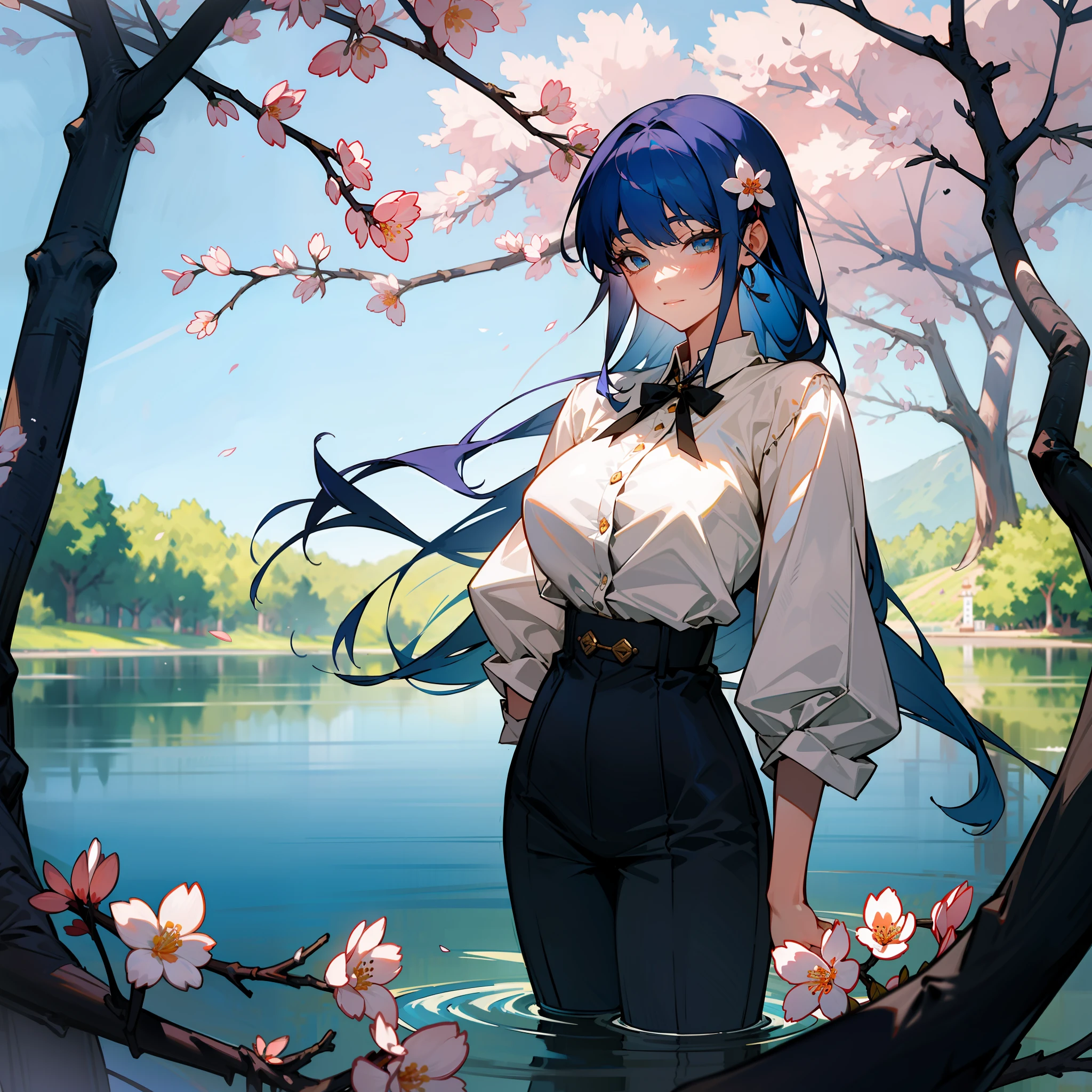 Has blue hair,Ancient wind,Perfect proportions for the whole body, A beautiful woman in period costume,Sit on a blooming peach blossom tree,There is a lake under the trees,There was also a girl in the lake,Her hair is also blue,Bathe in the lake