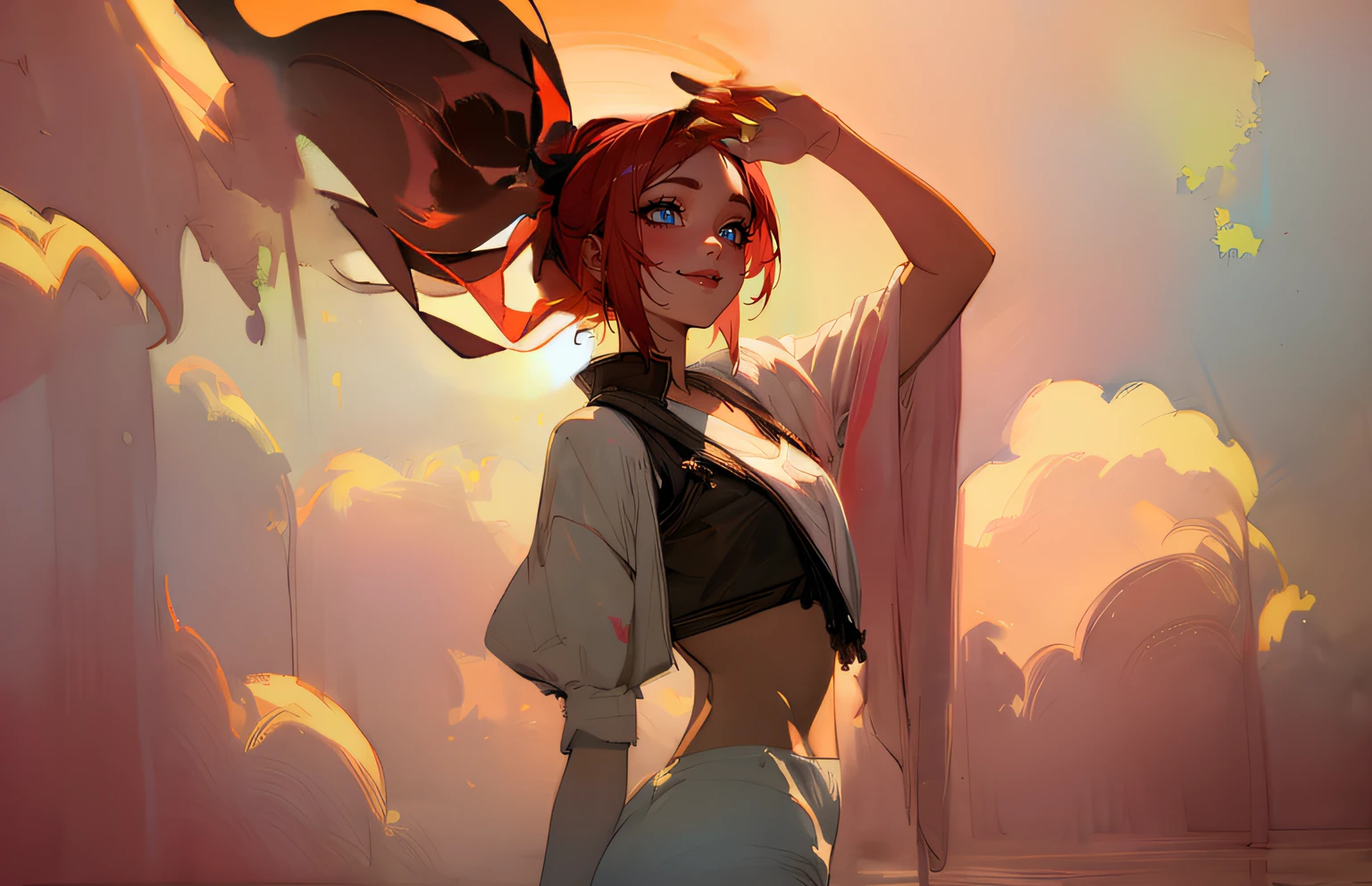 Please give her a ponytail that is propotional to her head and fill the rest with background that fits the image, mimic the style and contrast of the image, clean lines