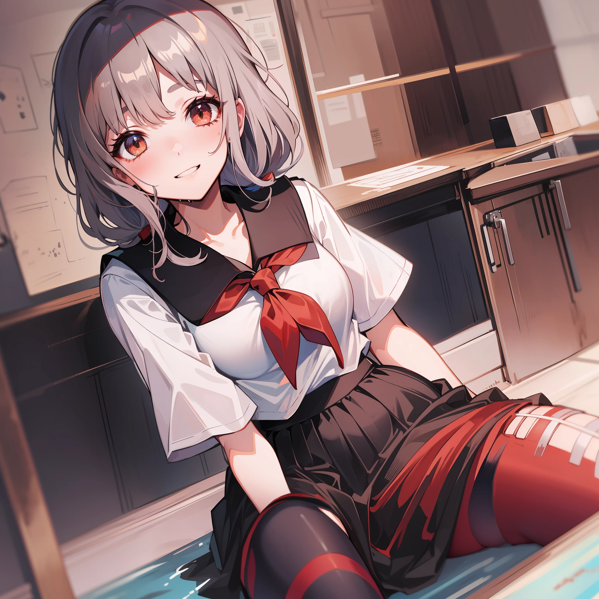 (名傌)、((top-quality))、(super detailing)、1girl in、silber hair、poneyTail、schools、men's restroom、opening legs、Skirt between the crotches、Red lace pants、Brown eyes、15yo student、garterbelts、perspiring、Body getting wet、Sheer uniform、student clothes、skirt by the、sockes、serafuku、neckerchief、sailor collar、pleatedskirt、Black stockings、Black skirt、shortsleeves、The shirt、whiteshirt、black sailor collar、Blue neckerchief、evil smile、bangss、large full breasts、cleavage of the breast、perfect hand、Hand details、Fixed finger、looking_al_Viewer、top-quality、rich detail、Perfect picture quality、Red pants