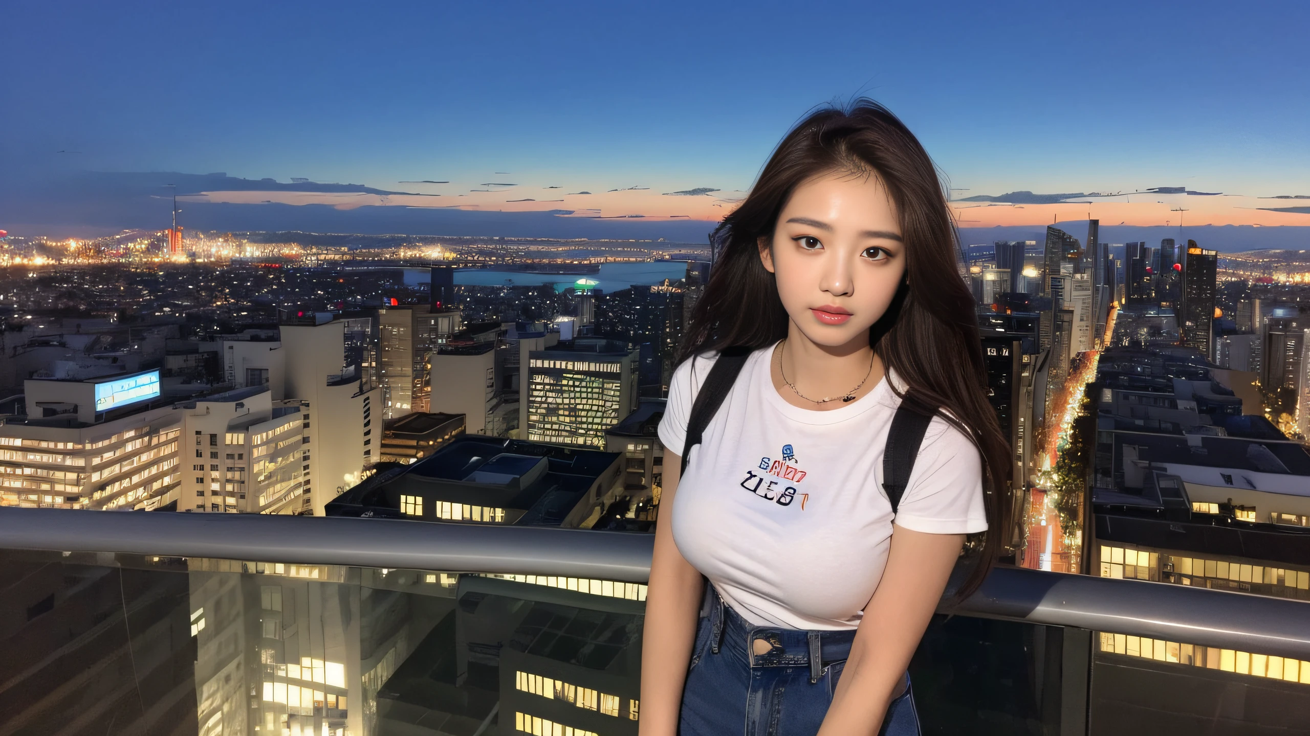 ((Midnight, Best quality, 8k, Masterpiece :1.3)), Whole body, Long legs, Sharp focus :1.2, A pretty woman with perfect figure :1.4, Slender abs :1.1, ((Dark brown hair, Big breasts :1.2)), (White tight tshirt, Jean bib, Standing:1.2), ((Night city view, Rooftop:1.3)), Highly detailed face and skin texture, Detailed eyes, Double eyelid