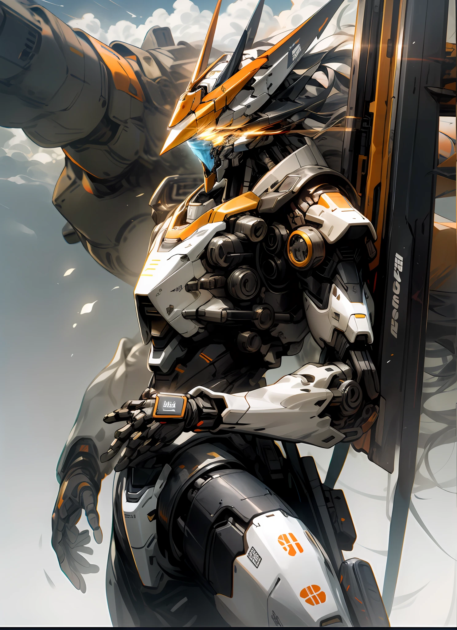 Skysky，​​clouds，holding_weapon，no_humans，with light glowing，，droid，buliding，glowing_eyes，mecha，scientific fiction，城市，Realistis，Mecha orange：The main color。

mechs：The theme of the poster，Represents the technology and power of the future。

Cool：The overall style of the poster，Emphasize visual impact and appeal。

Advanced illustration：Express the drawing style and artistic level of the poster。

detail-rich：Features of mecha models，Emphasis on detail and precise representation of human proportions。

Color matching：Orange is a harmonious combination with other colors，Enhance visual effects。

Texture：The texture and material expression of the mech model，For example, metallic texture、Textures, etc。

Dynamic：Through effects such as posture and backlighting，Show the dynamics and combat atmosphere of the mech。

Background with：Choose a background that suits the mecha theme，Enhance visual effects。