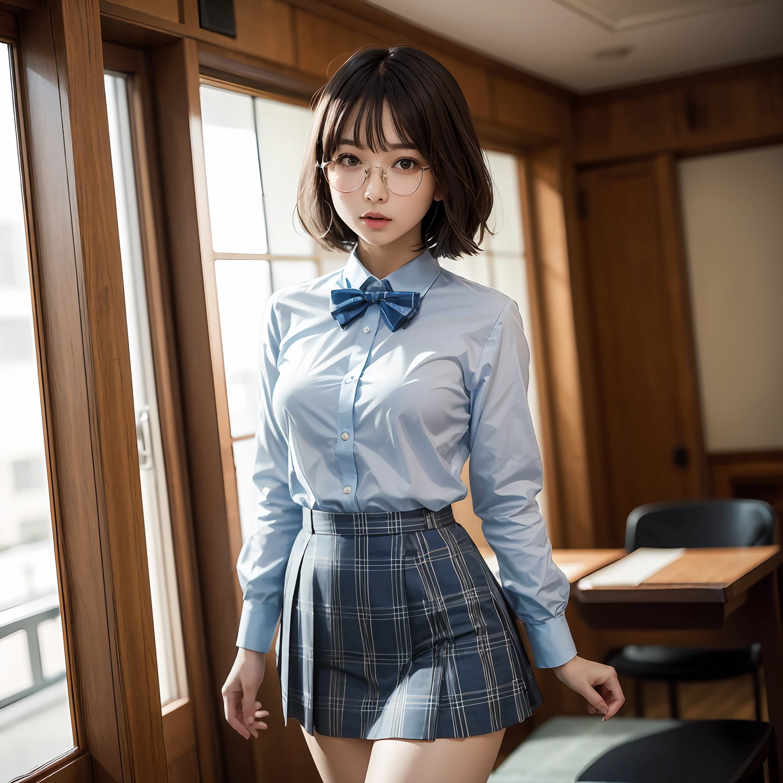 (8K、Raw photography、top-quality、masterpiece:1.2)(Tight eyes,Bullish,skinny,Rasping,irate,small tits,flat breast)、masterpiece,top-quality、超A high resolution,Raw photo,ren,Beautiful fece,shorth hair,One Person, 独奏,eye glass,,Dark look,Small breasts,fullllbody,Round glasses、cute little、A Japanese Lady,is standing,(Tight eyes,Bullish,skinny,Rasping,irate,small tits,flat breast)、(Photorealsitic:1.37)、Photon mapping,Light blue ribbon,Realistic、Cute little face,Brown-eyed、Black socks、Red bow tie、Radio City、Physically Based Rendering、Foreground、depth of fields、Blurry background、a picture,The girls、Body, Long legs, Thin leg, bob cuts,(Bangs are visible), hair, s lips, Blue_The eye, nosesoft, Light blue shirt, Navy blue and white plaid pleated skirt, Sheer clothing,, Thigh, Black cotton socks,Nogizaka Idol, 女優, Japanese ido