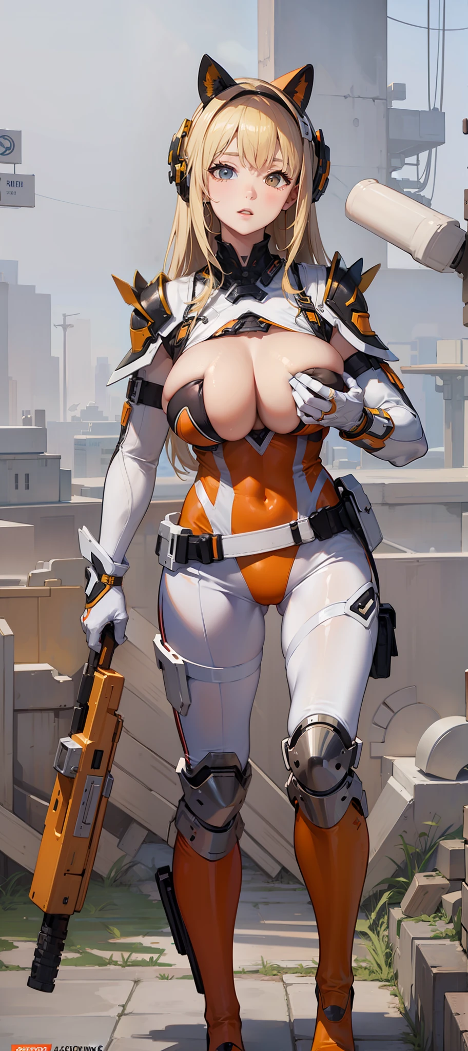 Blonde, white skin,orange costume,big breast,4k, realistic,detail.