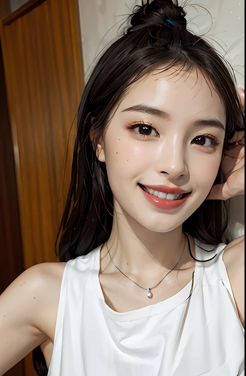 (A hyper-realistic), (illustratio), (hight resolution), (8K), (ighly detailed), (The best illustrations), (beatiful detailed eyes), (top-quality), (ultra-detailliert), (masterpiece), (wall-paper), (详细的脸), a bed、Upper body close-up,Armpit, A smile,Plump,独奏,Girl in white tank top with open chest, full of sweat, japanes, large full breasts, (camel's toe)、huge-breasted、Detailed, well-groomed white teeth、Ultimate Beauty、shot on the Canon EOS R 6、full of sweat、(beautiful detailed teeth)、Silver necklace、Park with sunshine、Perfect and beautiful female hands、Perfect tooth alignment、Perfect fingers、