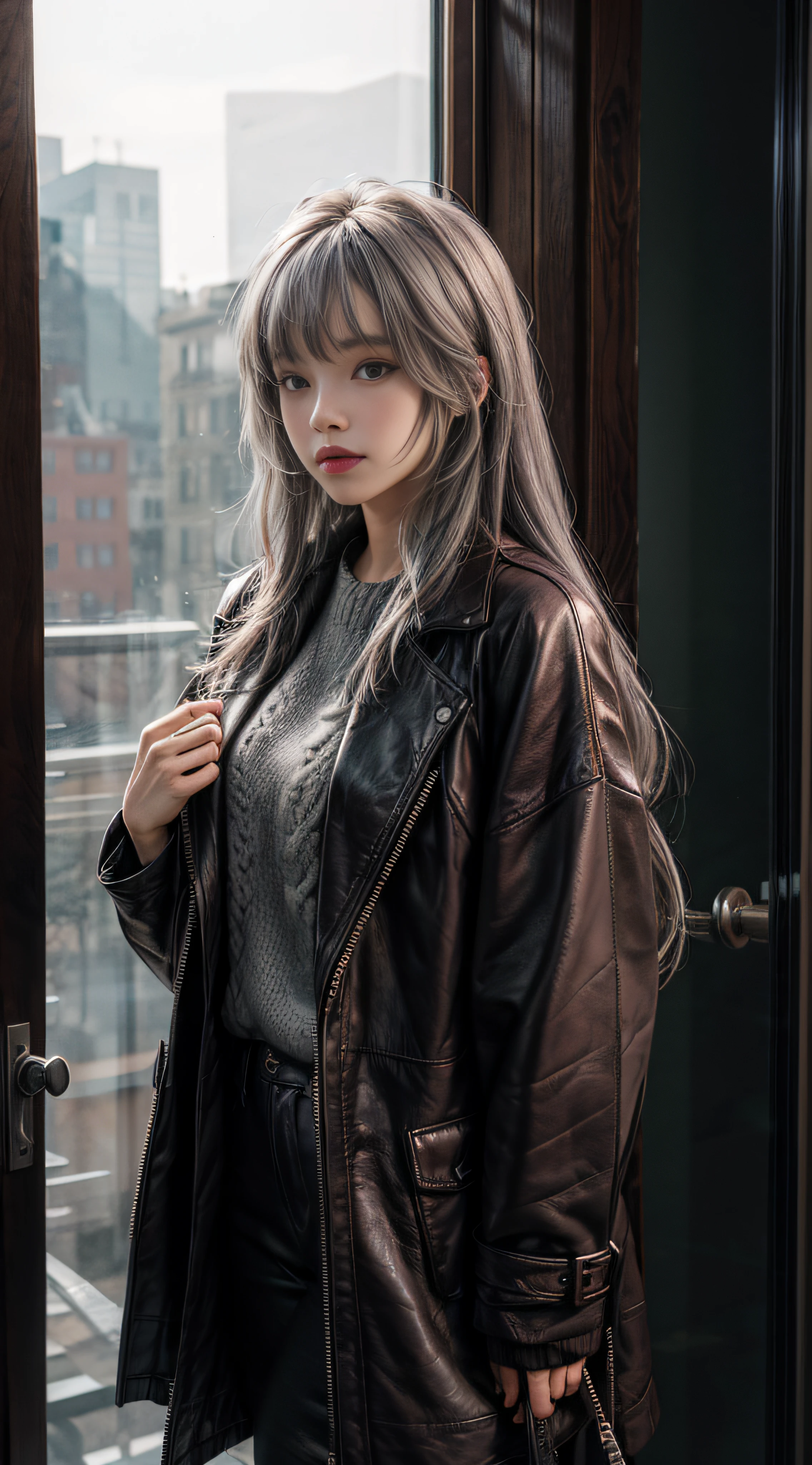 Gray hair，Gray sweater，Extra-long hair，Burgundy leather coat，glass window