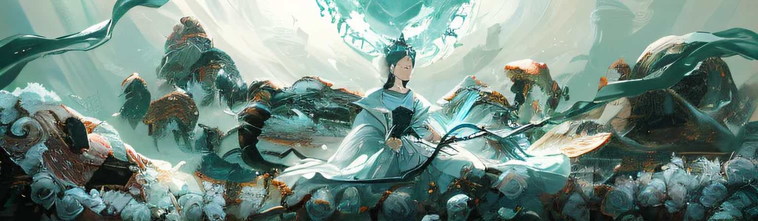 A girl sits in a bush of thorns, Simple colors,cyan colors,greys,white colors,Some red accents
