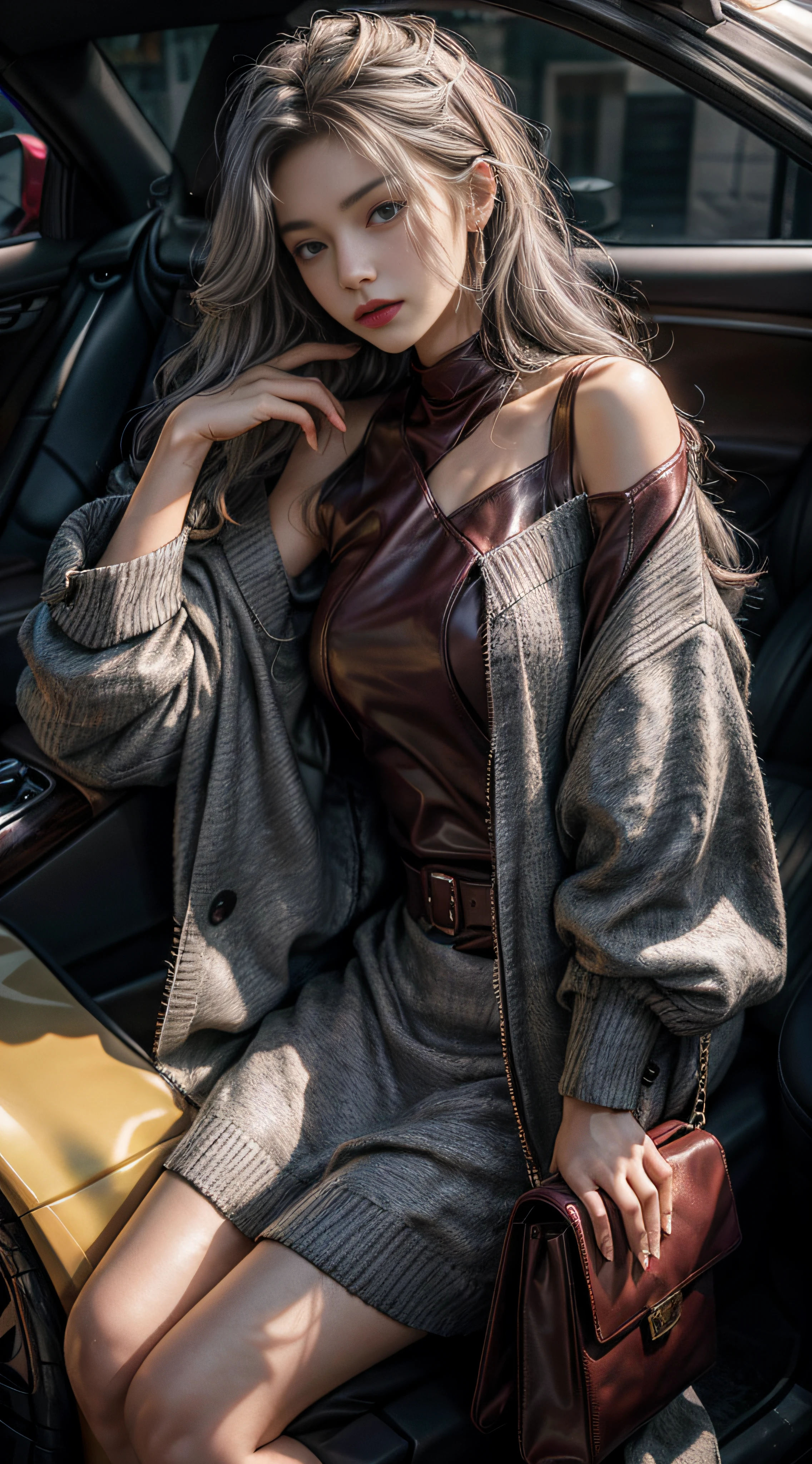 Gray hair，Gray sweater，Extra-long hair，Exposed shoulder，Burgundy leather coat，Yellow luxury car