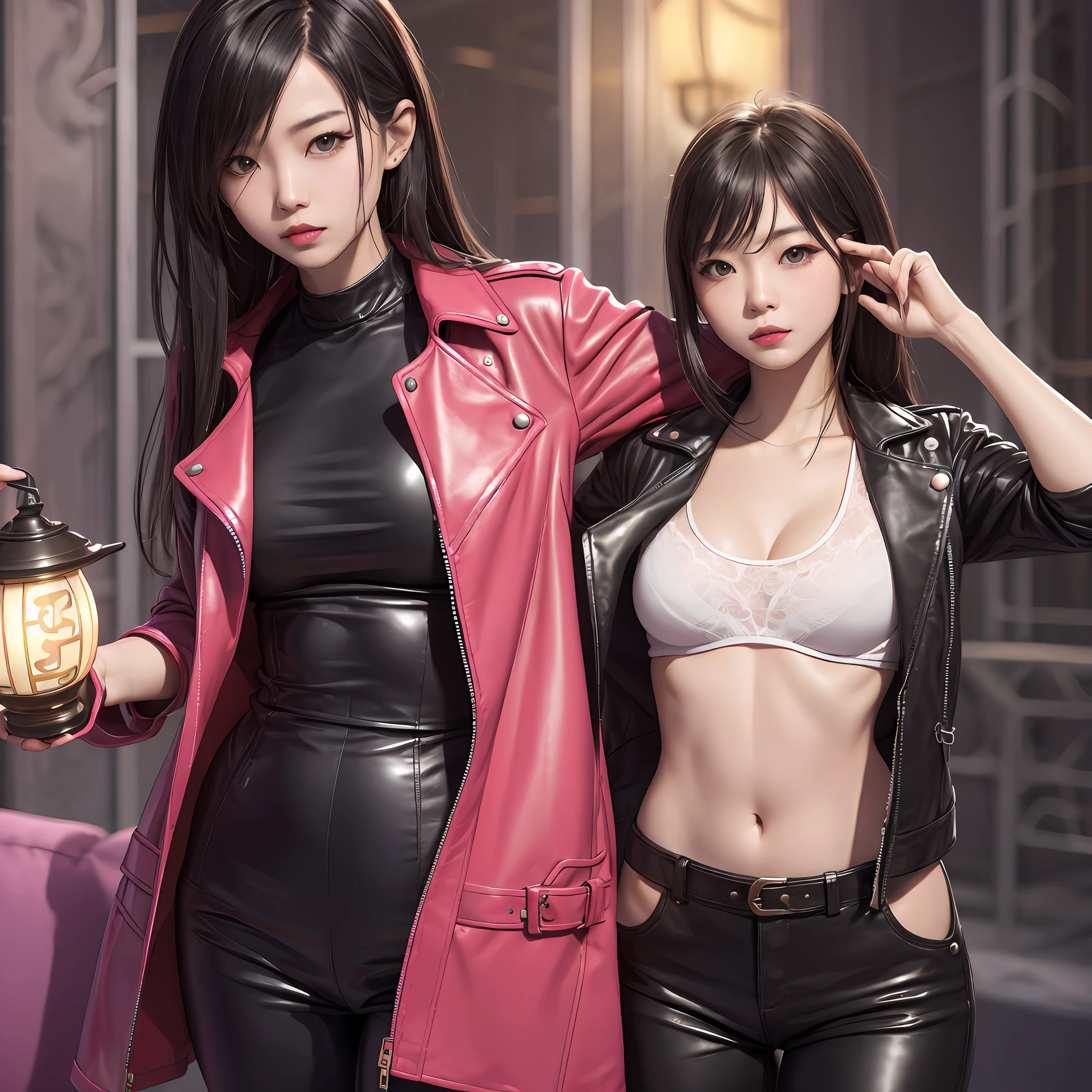 Black hair, Pink leather coat, leather pant, Perfect woman, Asian women, Enchanted, A leather sofa, underdressing, surrealism, Cinematic lighting, A picture, 8K, Super detail, hyper HD, Masterpiece, Anatomically correct, Textured skin, High details, Super detail --auto