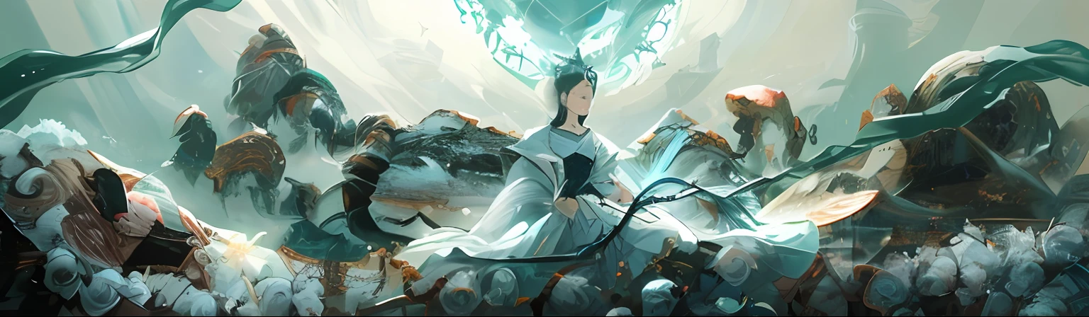 A girl sits in a bush of thorns, Simple colors,cyan colors,greys,white colors,Some red accents