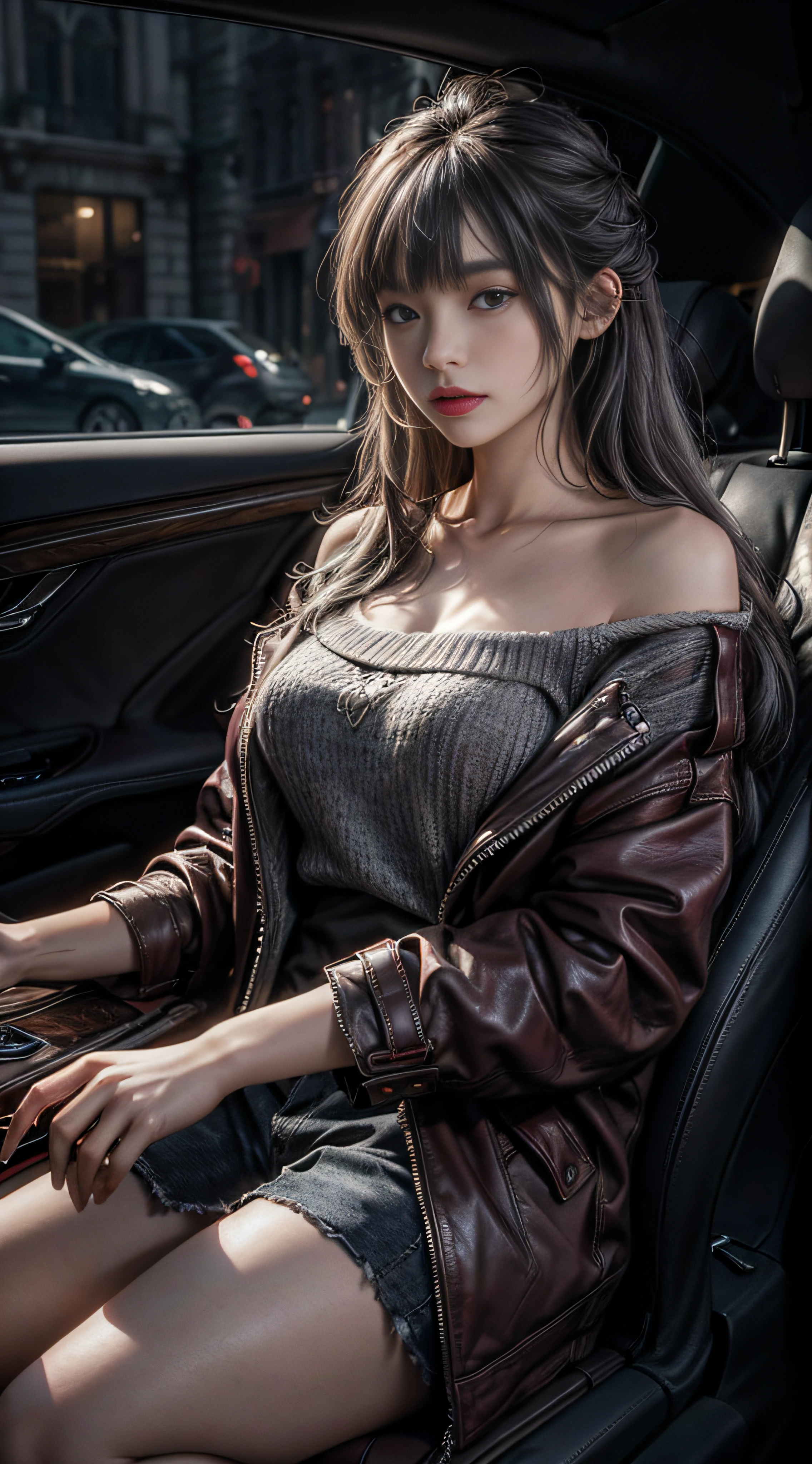 Bust photo，Gray hair，Gray sweater，Extra-long hair，Exposed shoulder，Burgundy leather coat，Black luxury car